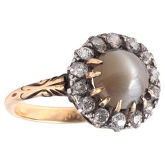 Victorian 18k Yellow Gold Cat's Eye Chrysoberyl Diamond Ring, 1890s