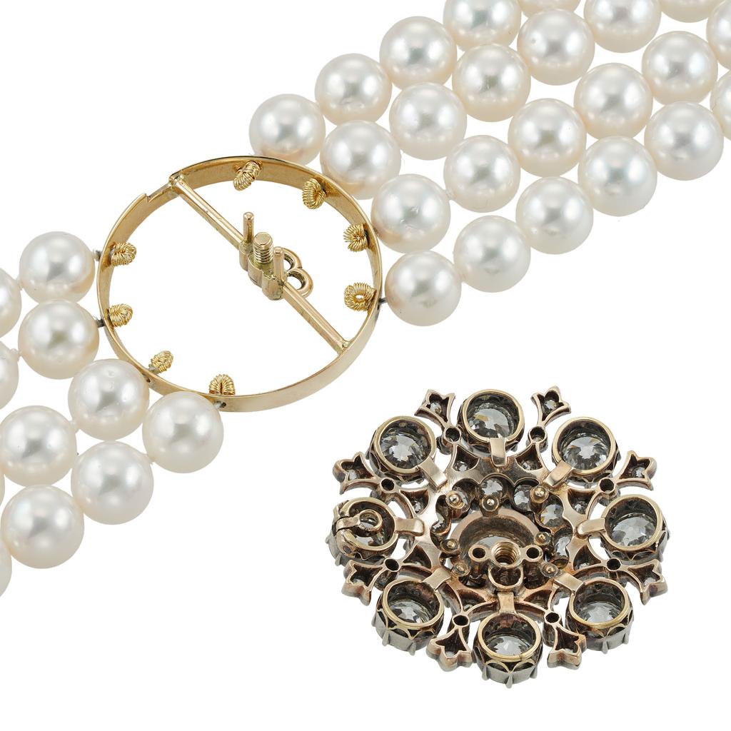 Victorian A Diamond And Cultured Pearl Choker Necklace For Sale