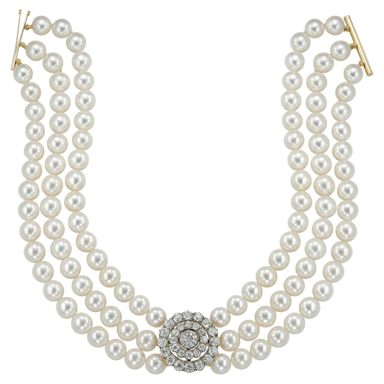 Diamond and Cultured Pearl Necklace For Sale