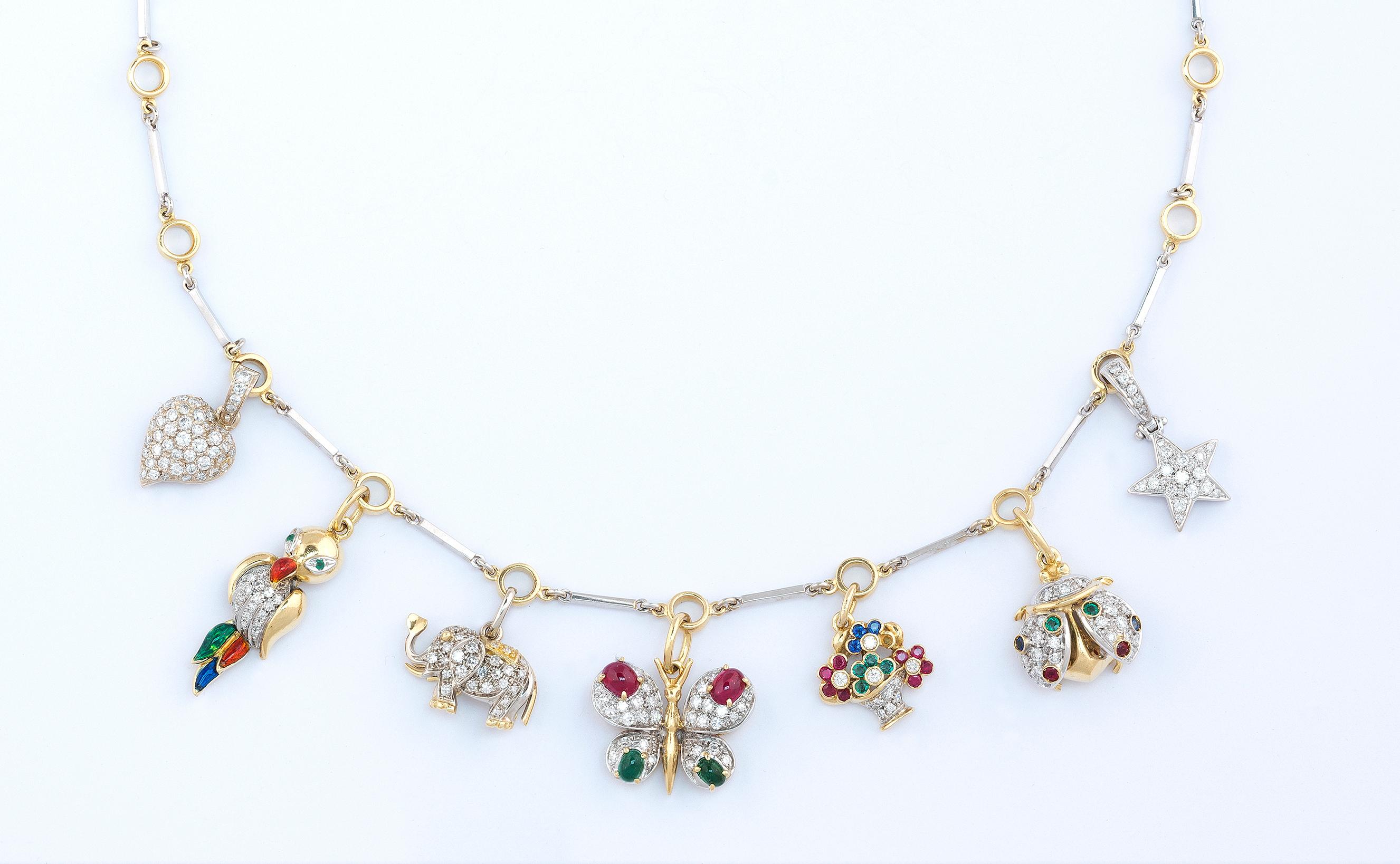 Retro Diamond and Gem-Set Charm Necklace