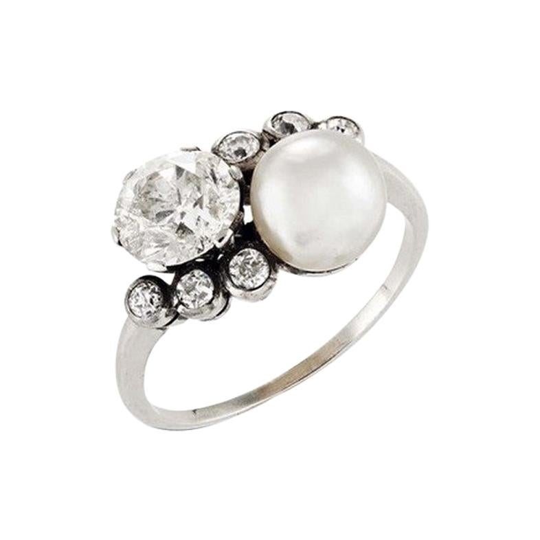 Art Deco' Diamond and Natural Pearl Crossover Ring