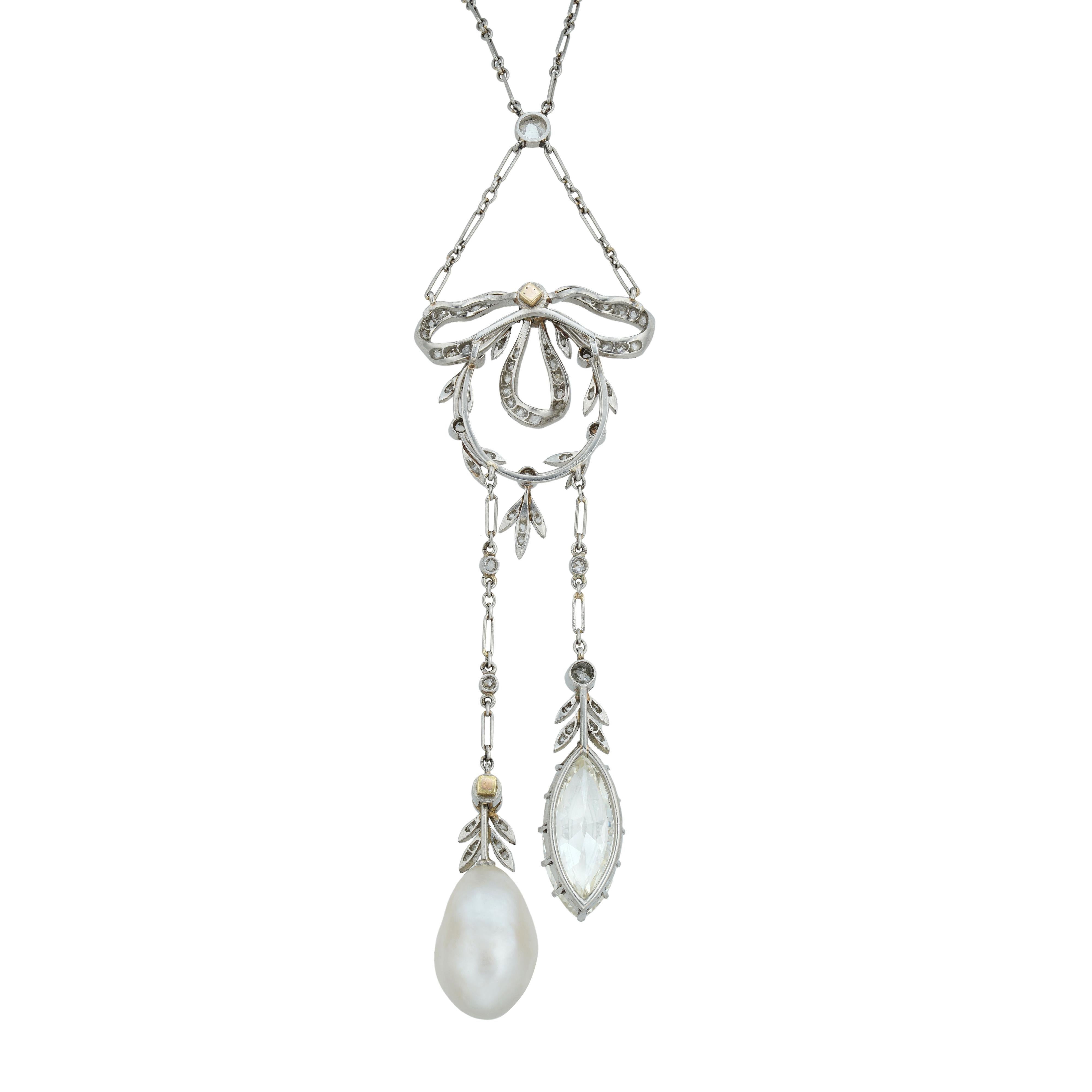 Collier négligé Belle Époque en diamant et perle naturelle par Marret Frères, composé d'un nœud et d'une couronne sertis de diamants, suspendant deux chutes asymétriques serties de diamants, l'une se terminant par un diamant taille marquise pesant