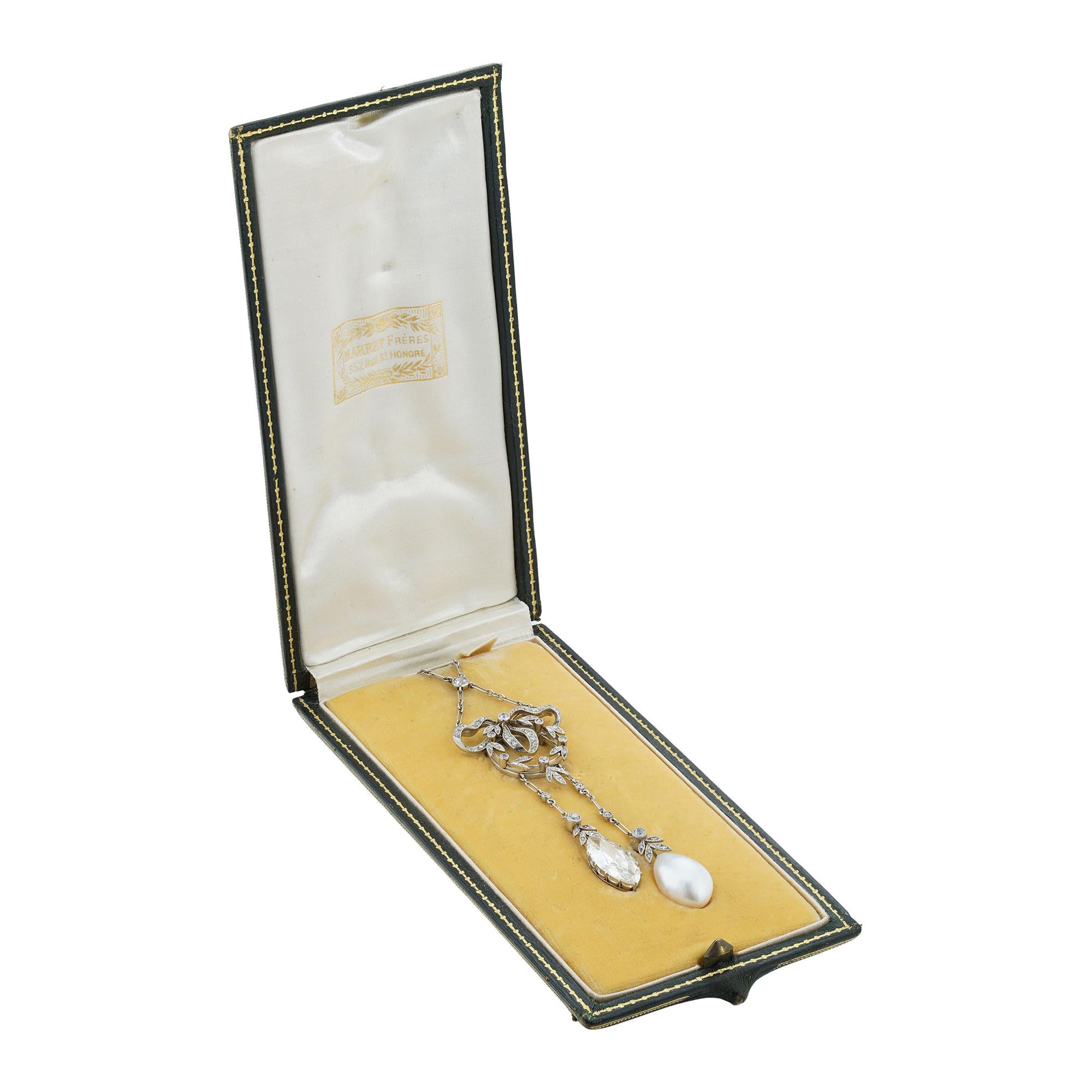 Taille Marquise Collier de diamants et de perles naturelles par Marret Frères en vente
