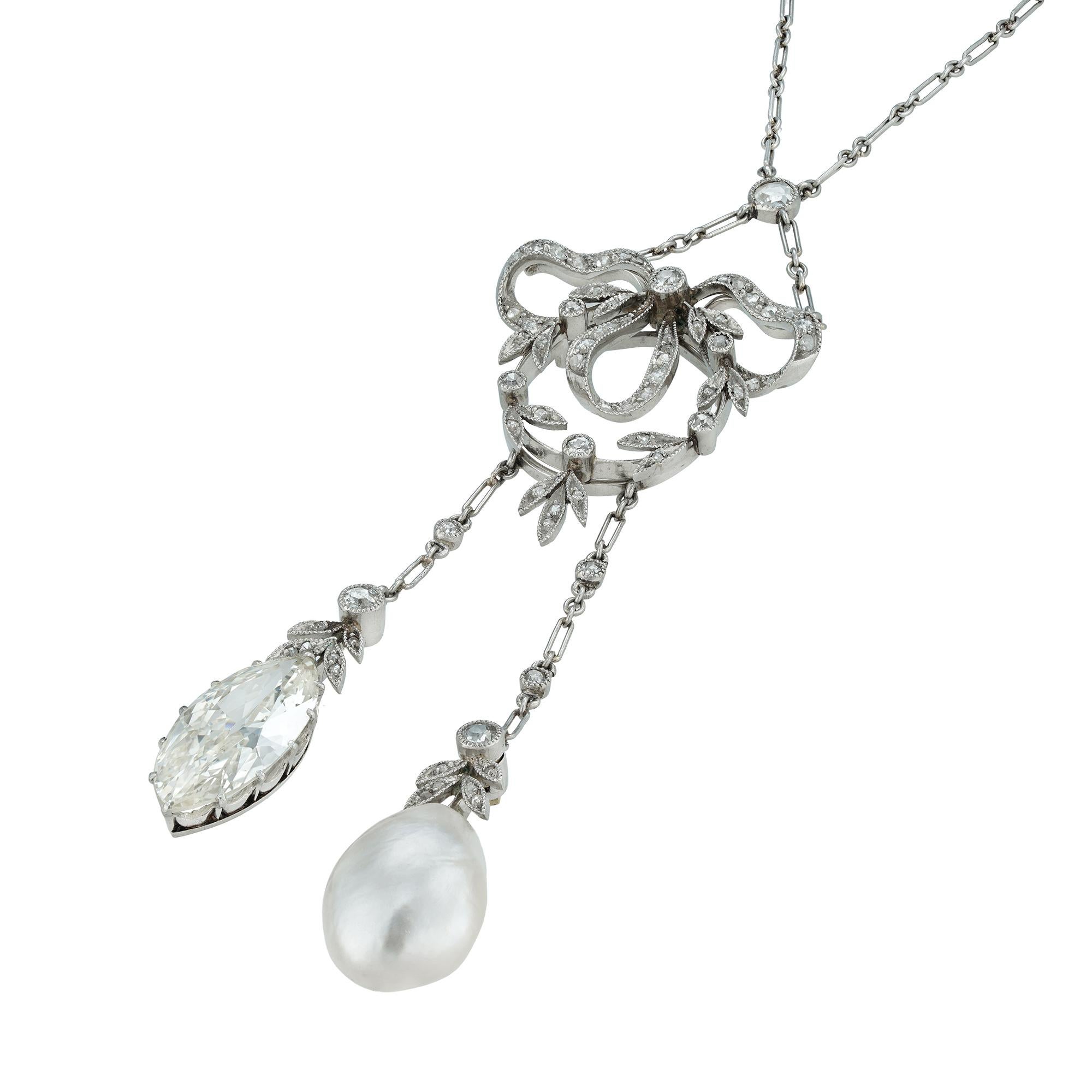 Diamond and Natural Pearl Necklace by Marret Frères In Fair Condition For Sale In London, GB