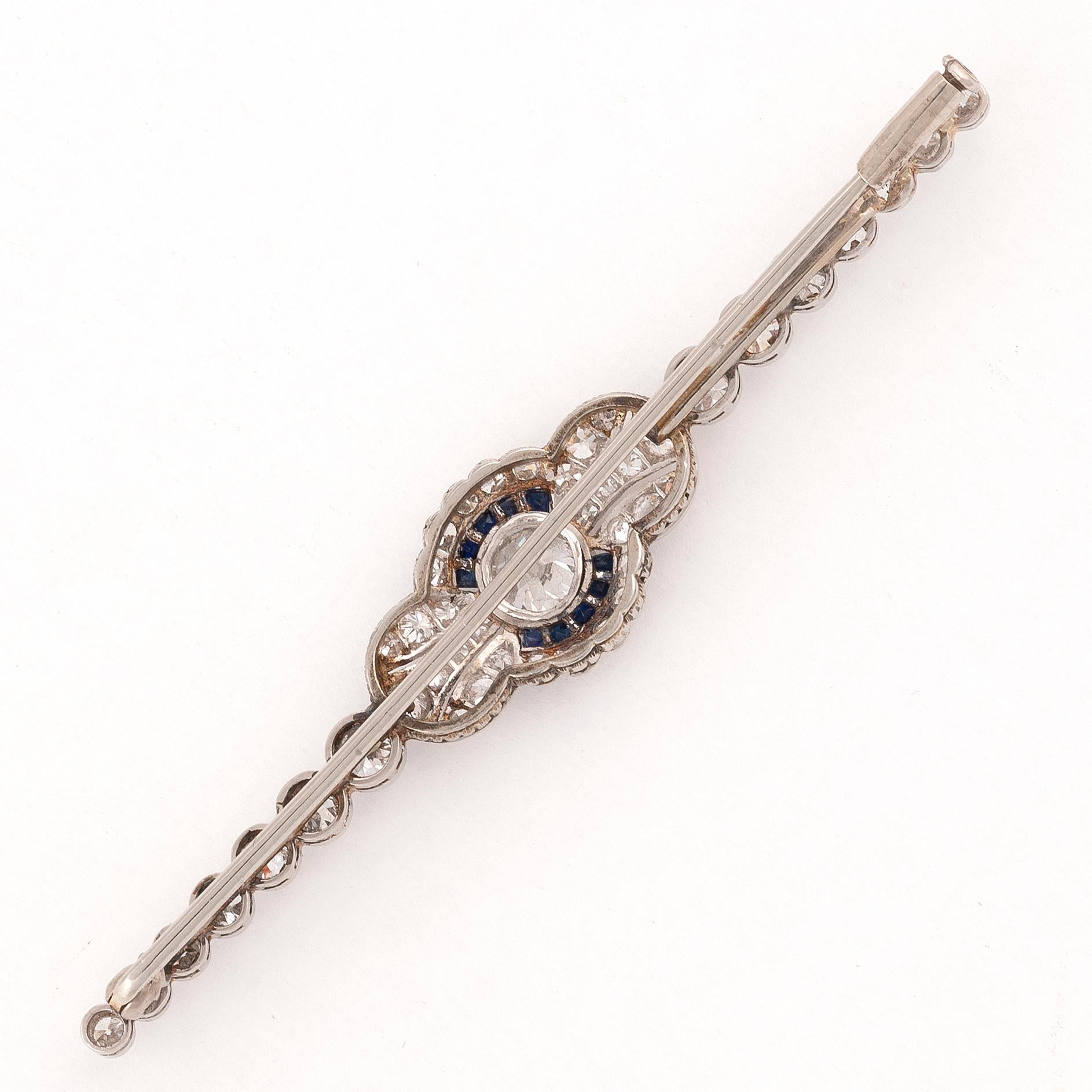 Old European Cut Diamond and Sapphire Bar Brooch, First Quarter of the 20th Century