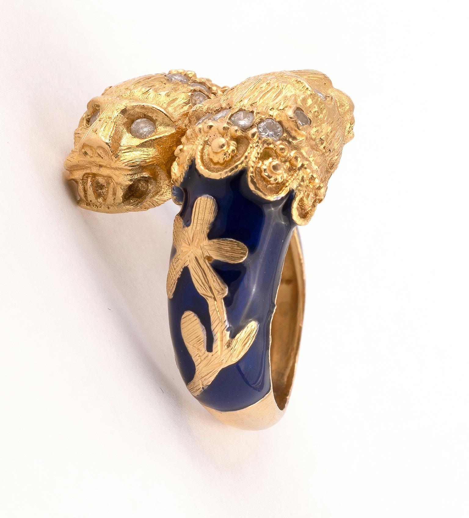 Brilliant Cut Diamond & Blue Enamel Double Lion Head Ring
