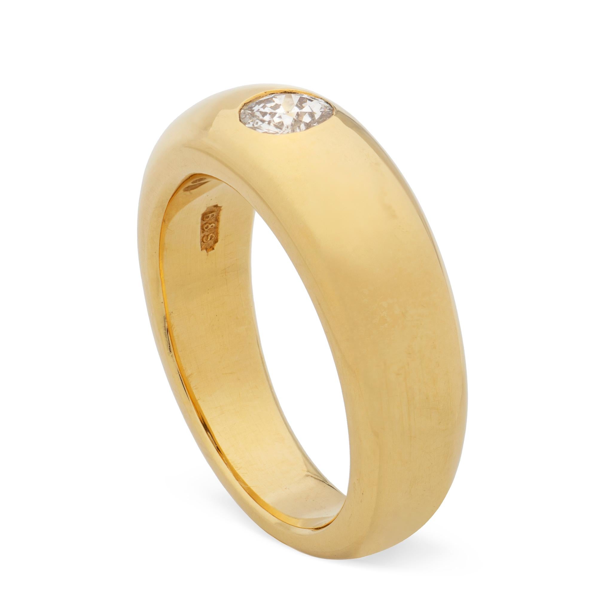 A diamond gypsy ring, the old brilliant-cut diamond estimated to weigh 0.3 carats gypsy-set to a tapering D-section band, hallmarked 18ct gold London 2011, bearing the Bentley and Skinner sponsor mark, size N, gross weight 13.8 grams.

This ring is