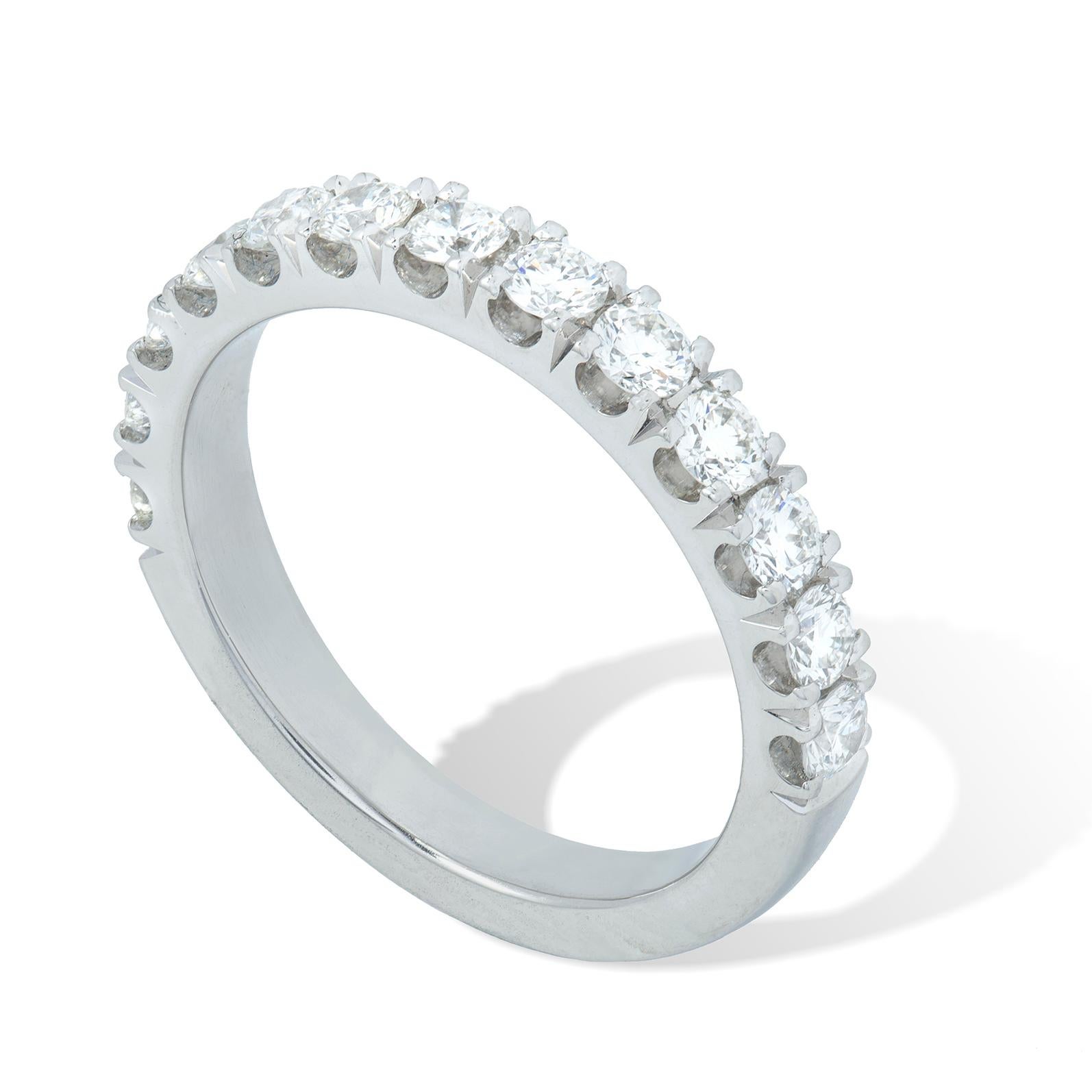 A diamond half eternity ring, set with thirteen round brilliant cut diamonds, weiging a total of 0.84 carats, all four claw set to a platinum mount, hallmarked platinum, London 2017, finger size L 1/2, gross weight 5.85 grams.

This ring is in