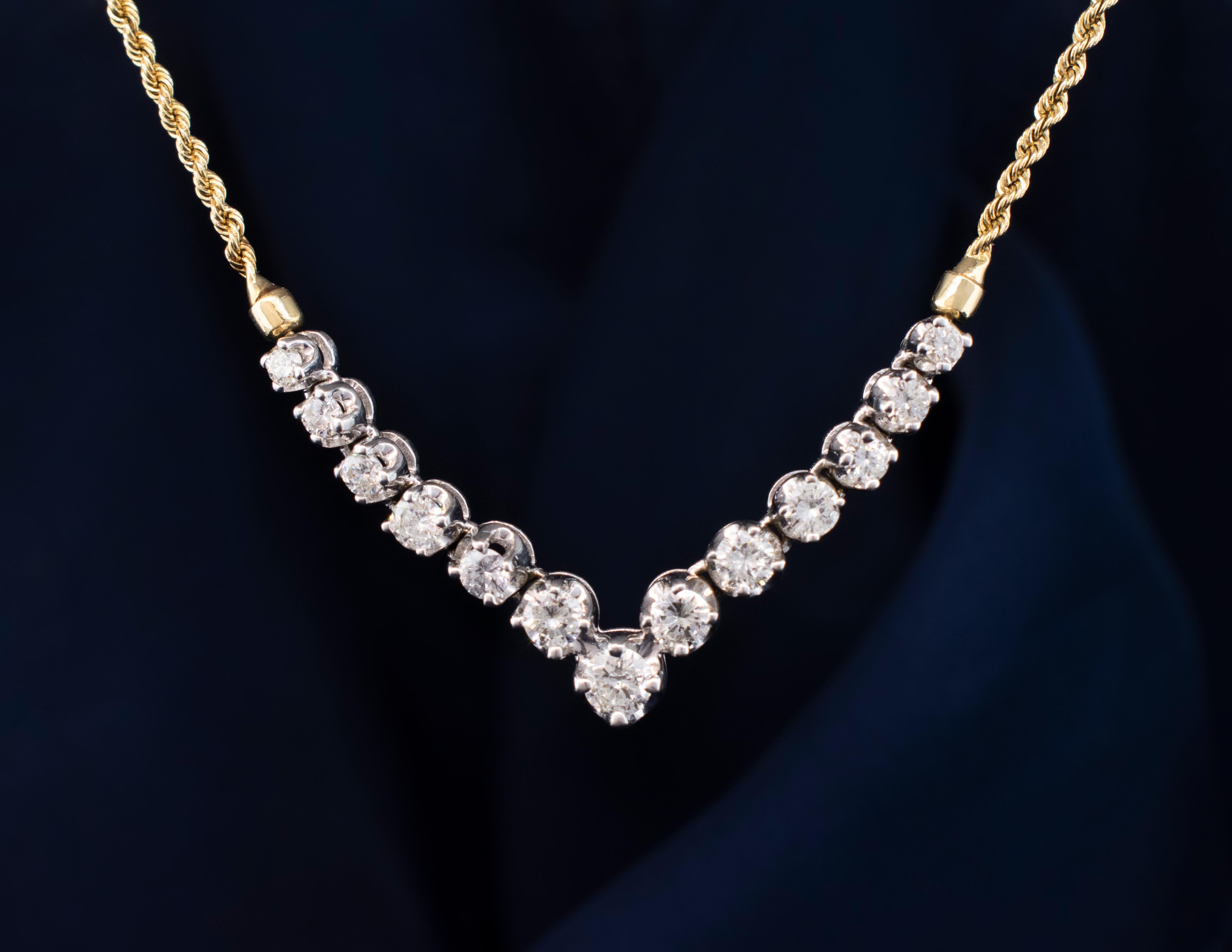 Round Cut A Diamond Necklace made of 14k Yellow Gold and White Gold For Sale