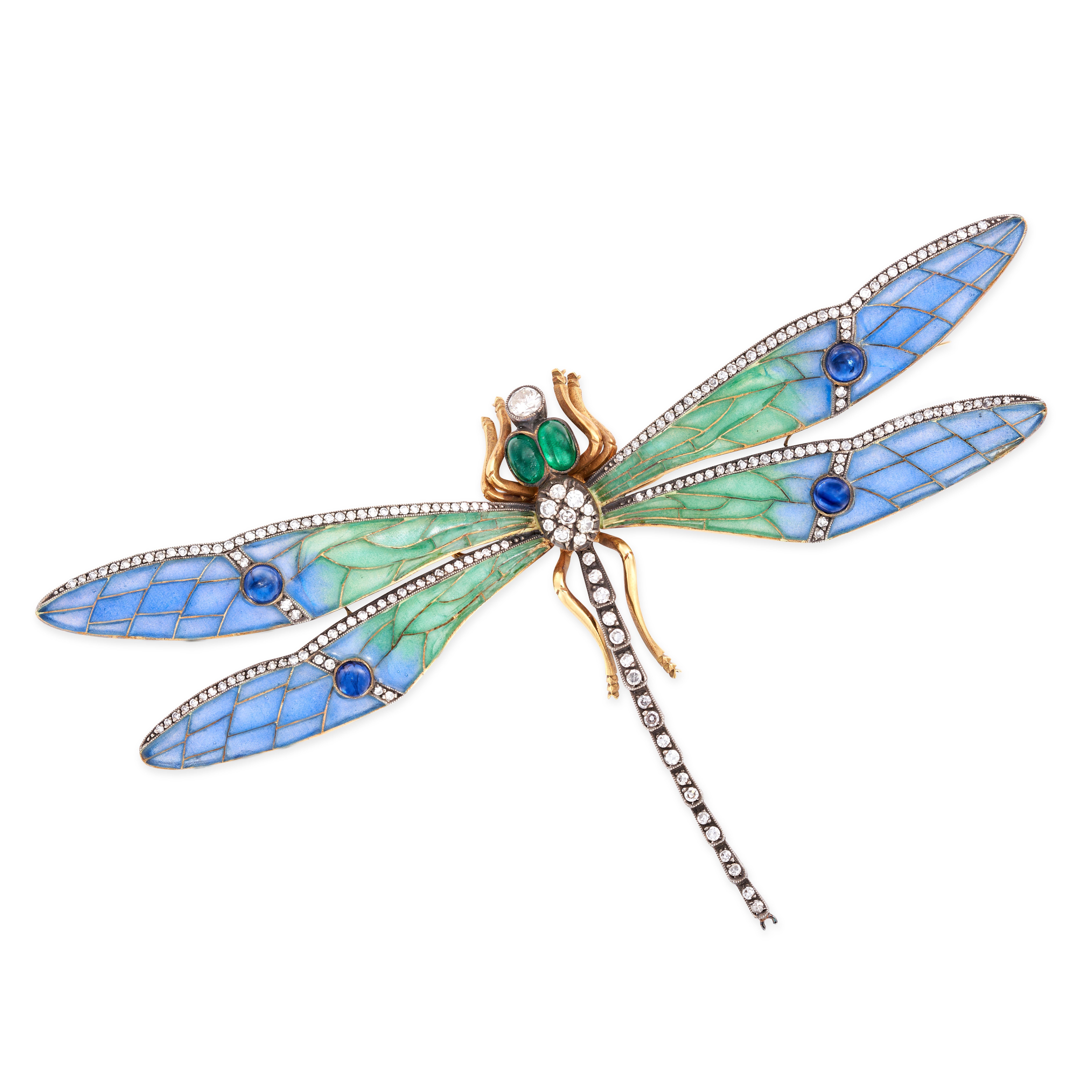 This wonderful brooch is set with sparkling single cut diamonds, the eyes adorned with vibrant emeralds, the wings decorated with coloured plique a jour enamel as well as round cabochon blue sapphires and further diamonds. 

Width approximately