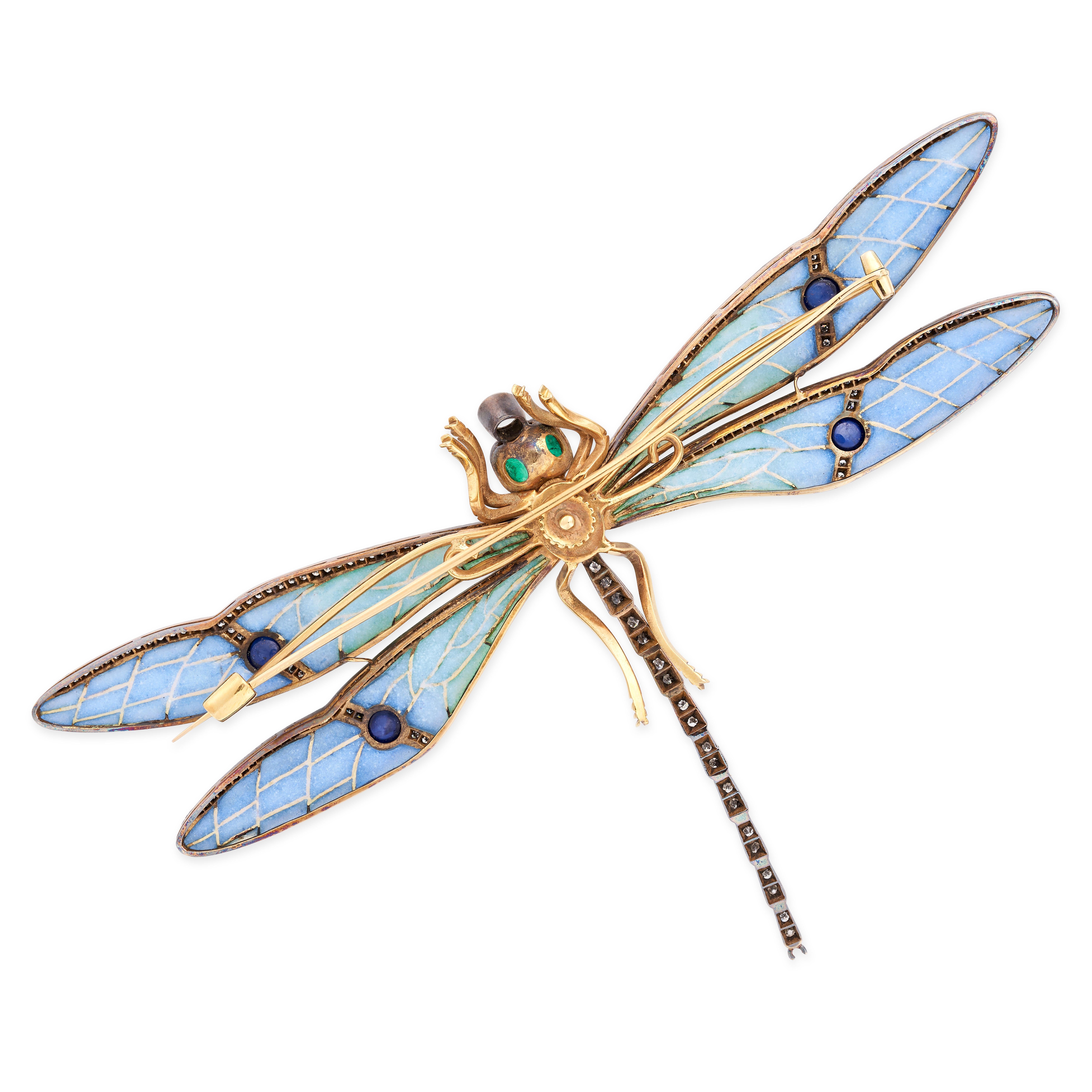 Cabochon A diamond, sapphire, emerald and plique a jour enamel dragonfly brooch For Sale