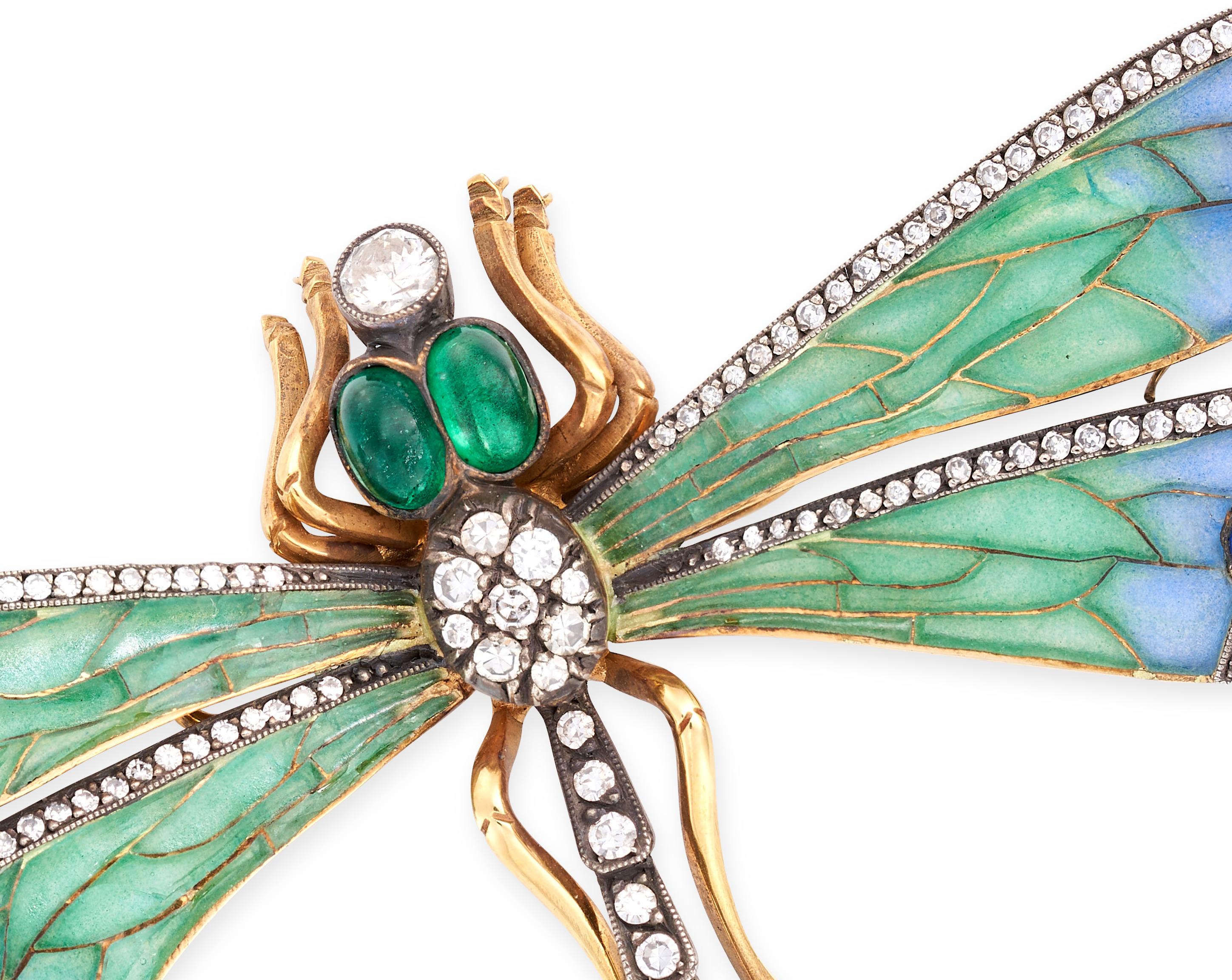 Women's or Men's A diamond, sapphire, emerald and plique a jour enamel dragonfly brooch For Sale