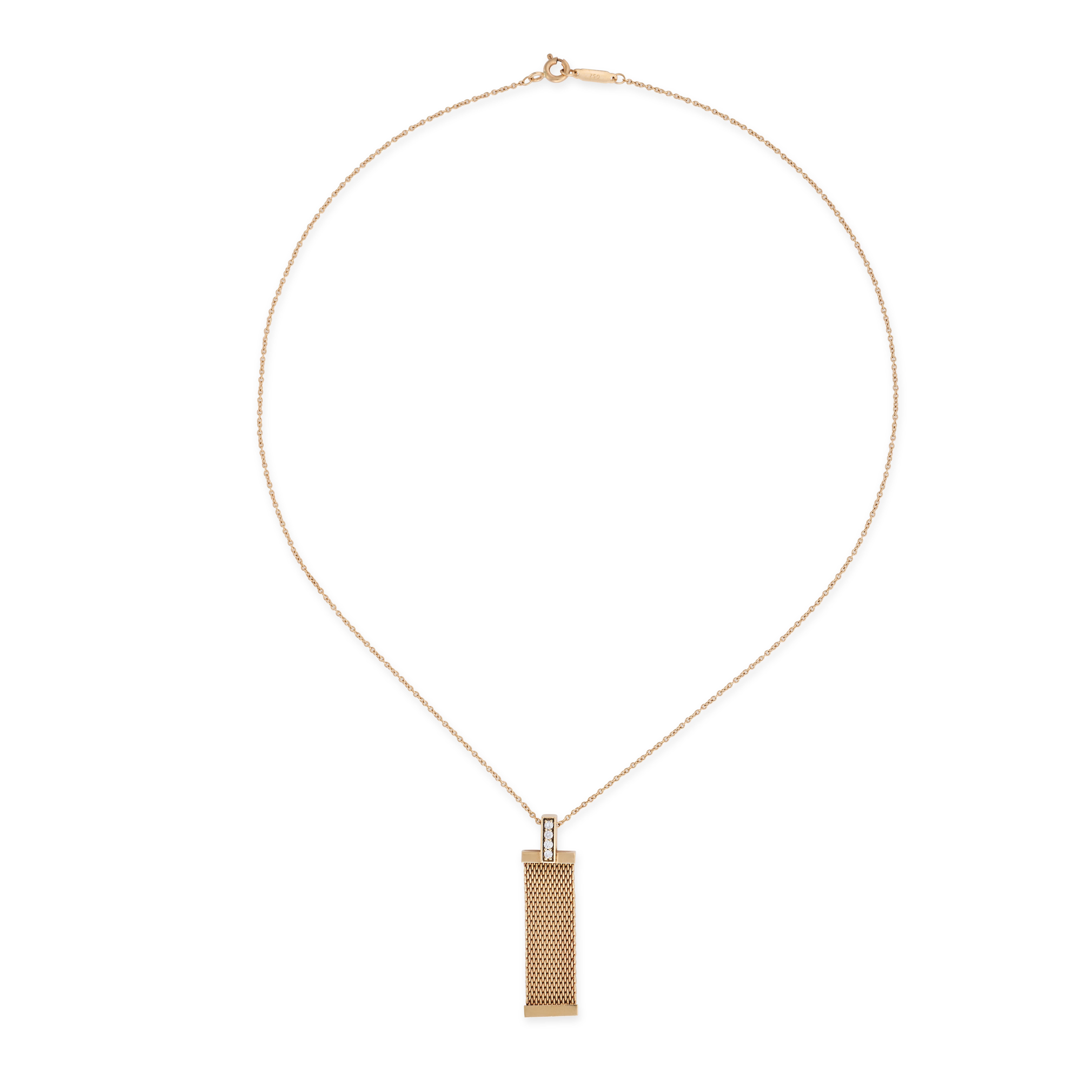 The rectangular mesh pendant of this necklace is accented by round brilliant cut diamonds, suspended from a delicate trace chain, creating a simple and understated look. 

- Signed Tiffany & Co.
- Stamped 750
- Pendant length approximately 3.7cm