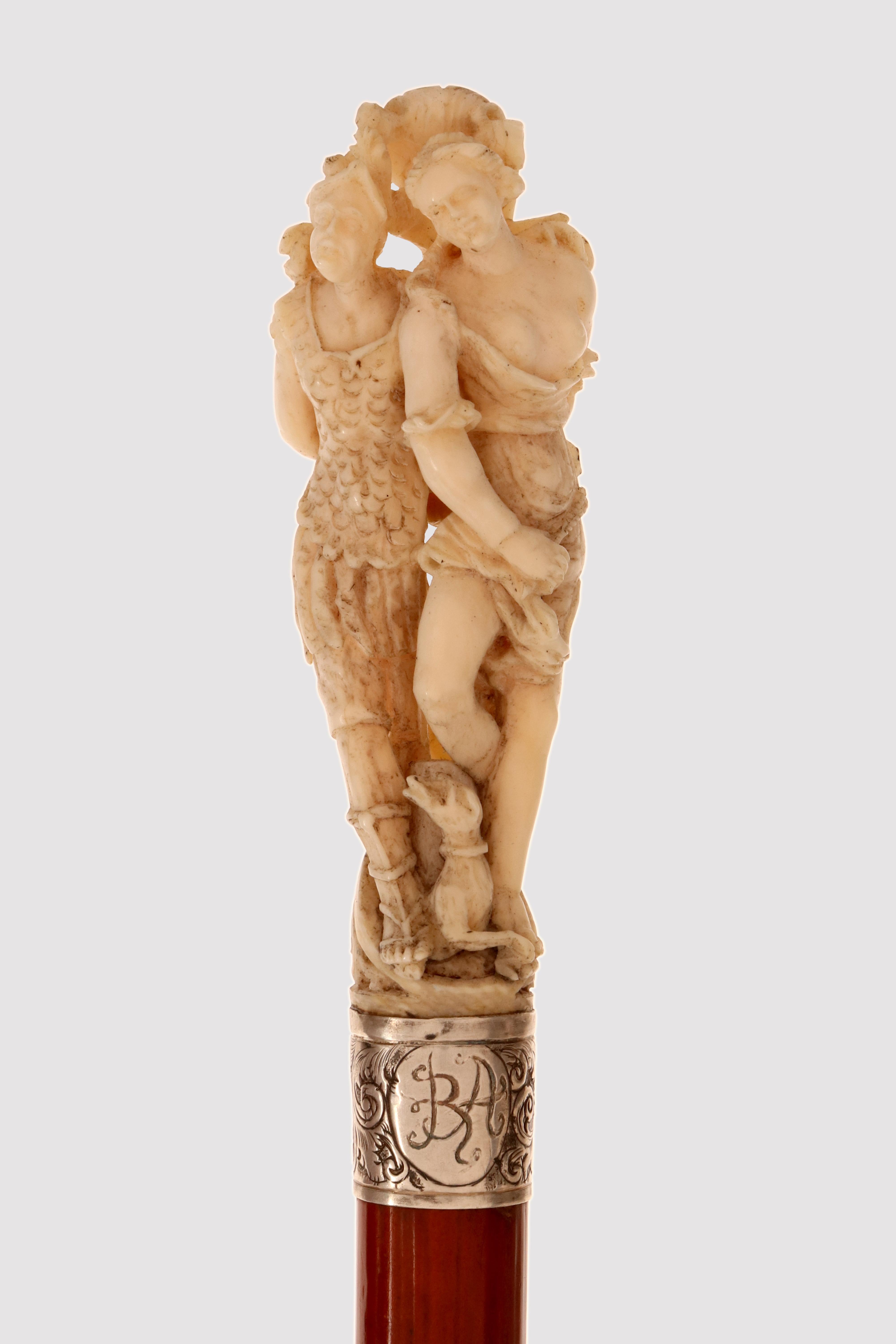 Francese Bastone da passeggio in avorio di Dieppe, Diana cacciatrice e Atteone, Francia 1850. in vendita