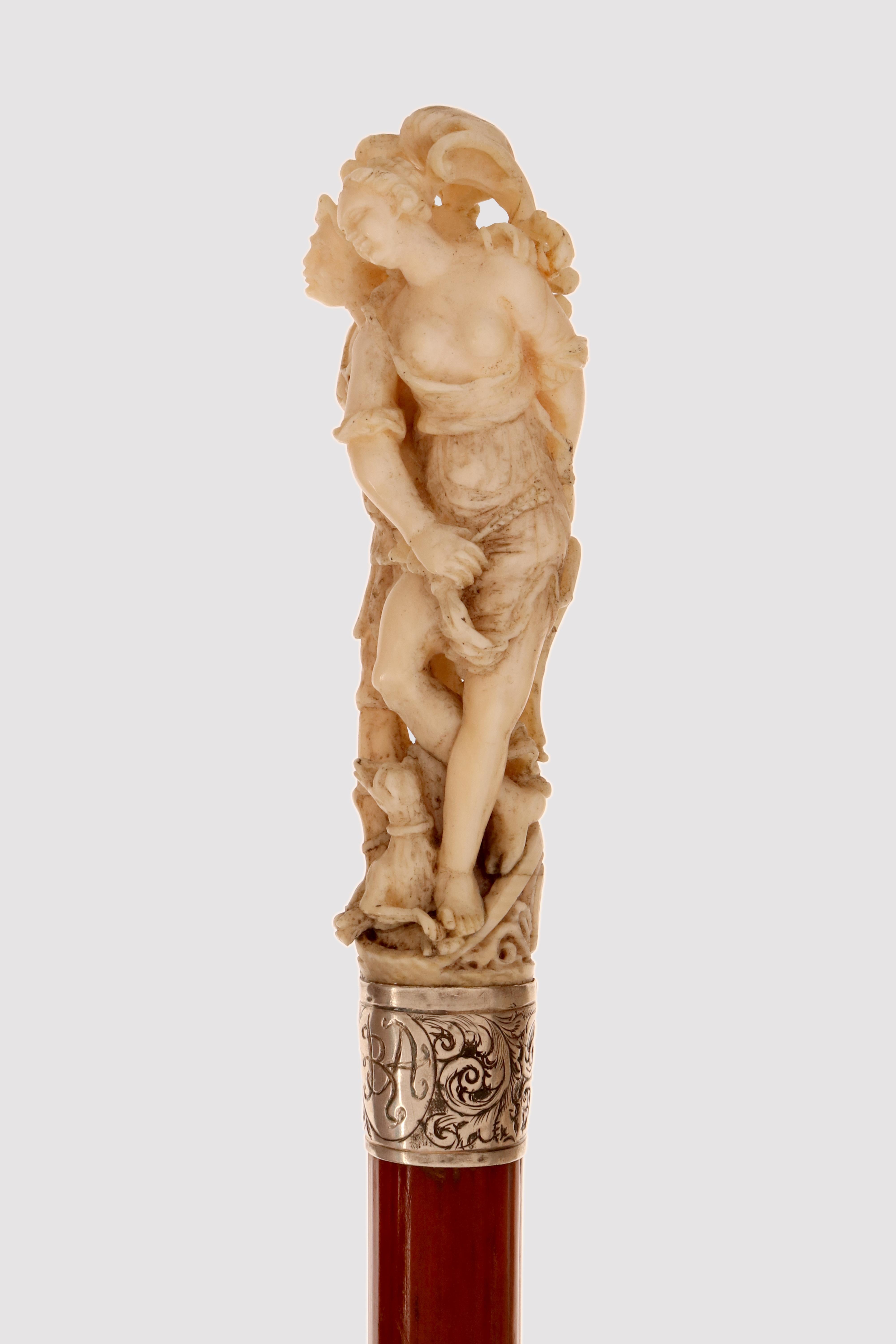 Bastone da passeggio in avorio di Dieppe, Diana cacciatrice e Atteone, Francia 1850. In condizioni buone in vendita a Milan, IT