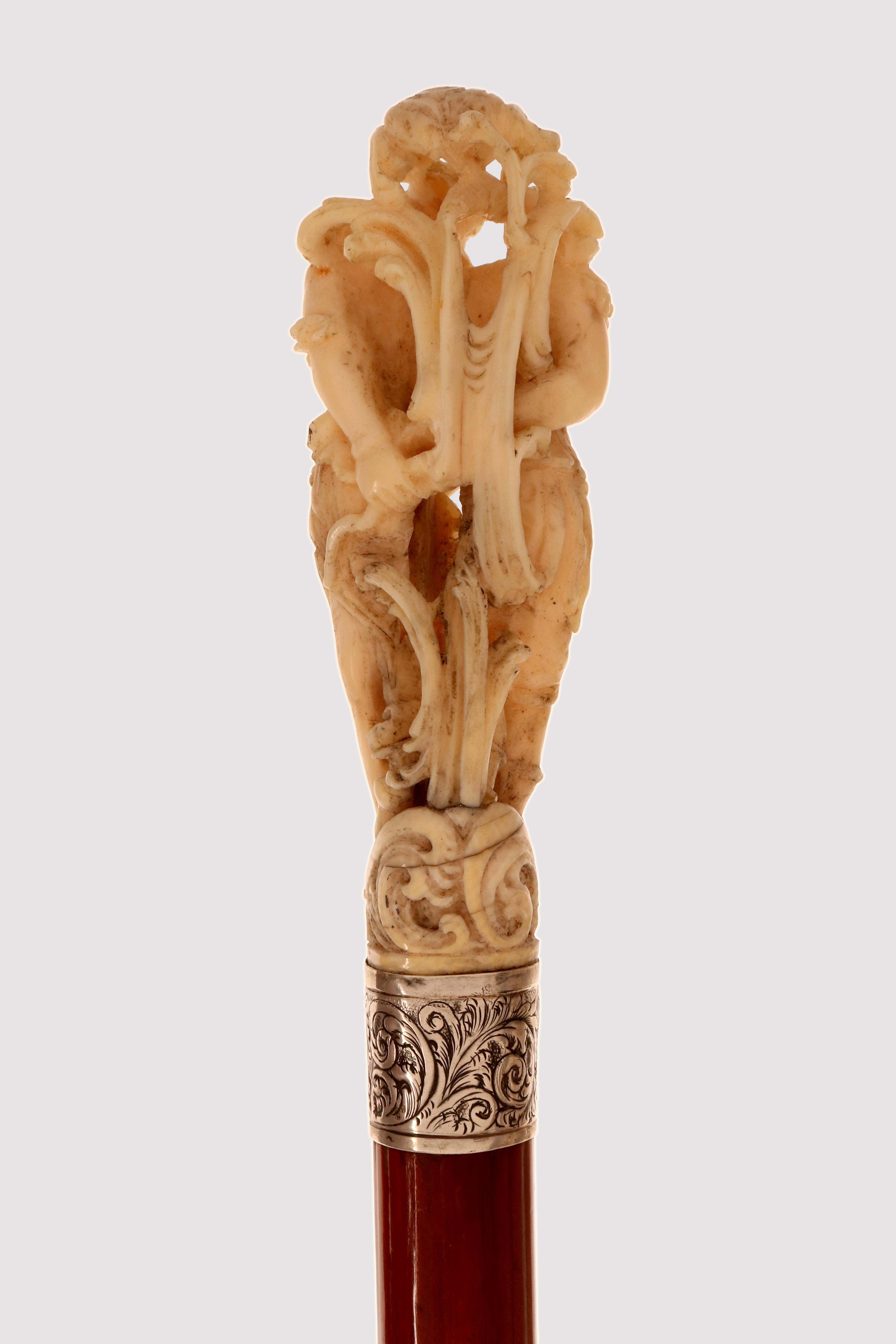 Argento Bastone da passeggio in avorio di Dieppe, Diana cacciatrice e Atteone, Francia 1850. in vendita