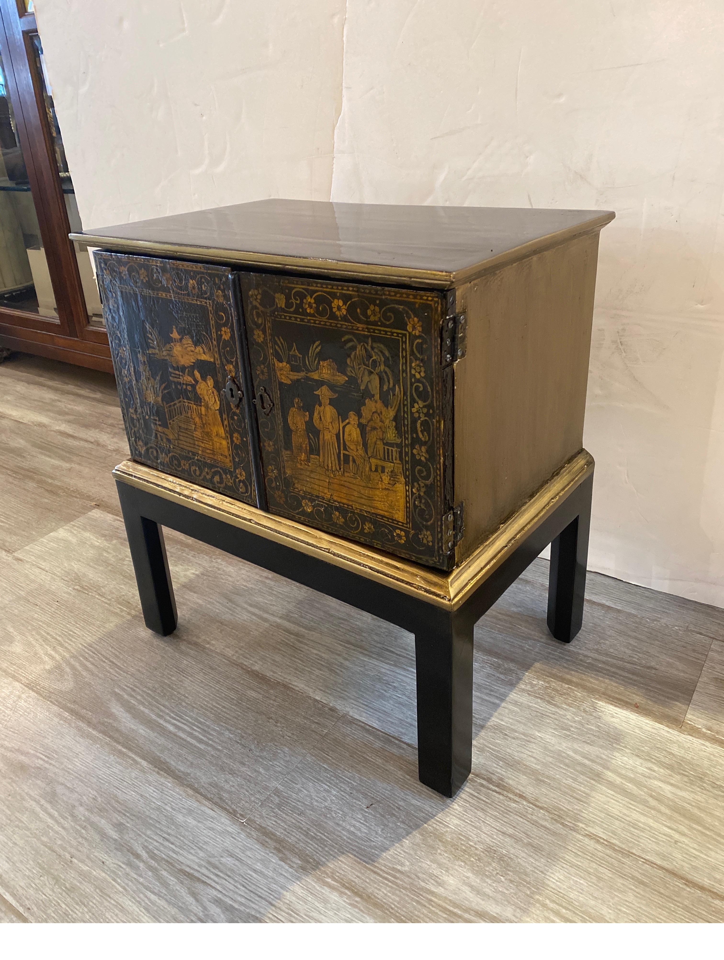 Hardwood Diminutive Anglo-Indian Black and Gold Lacquered Spice Cabinet