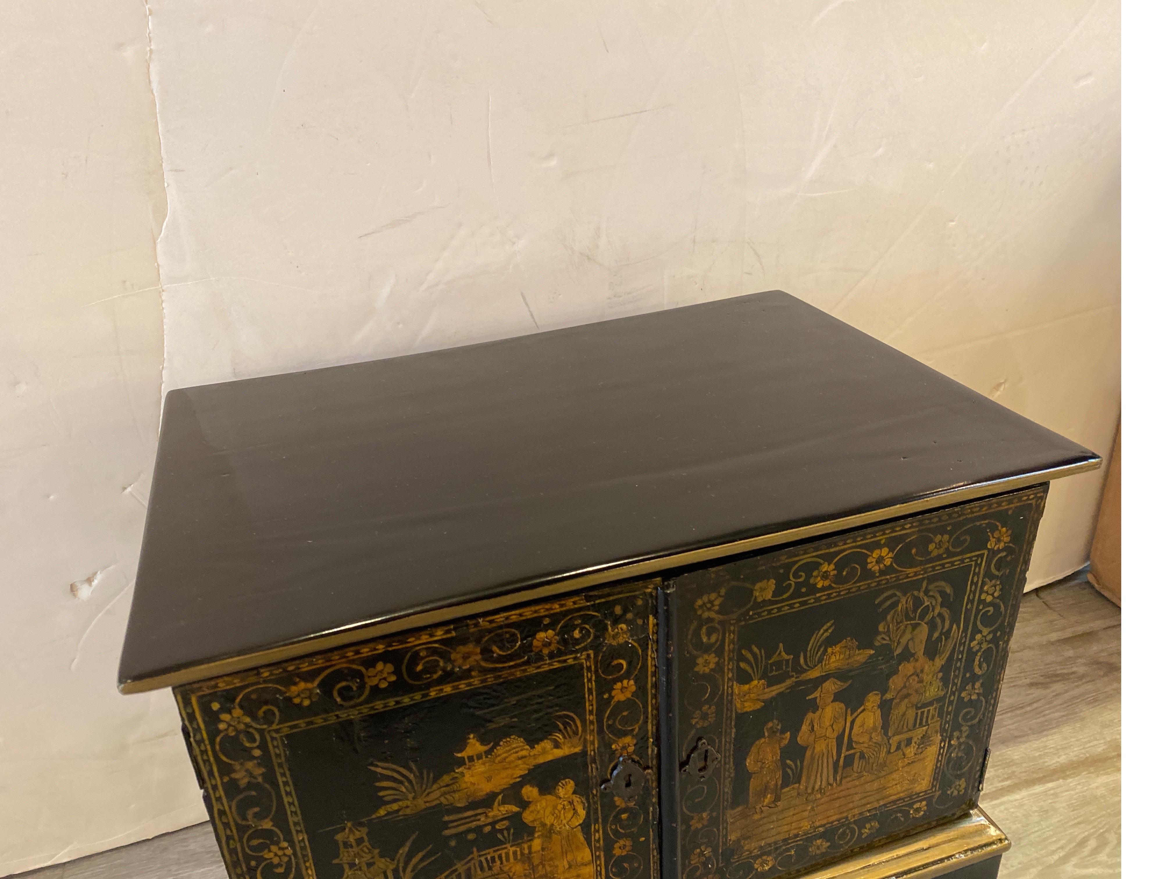 Asian Diminutive Anglo-Indian Black and Gold Lacquered Spice Cabinet For Sale