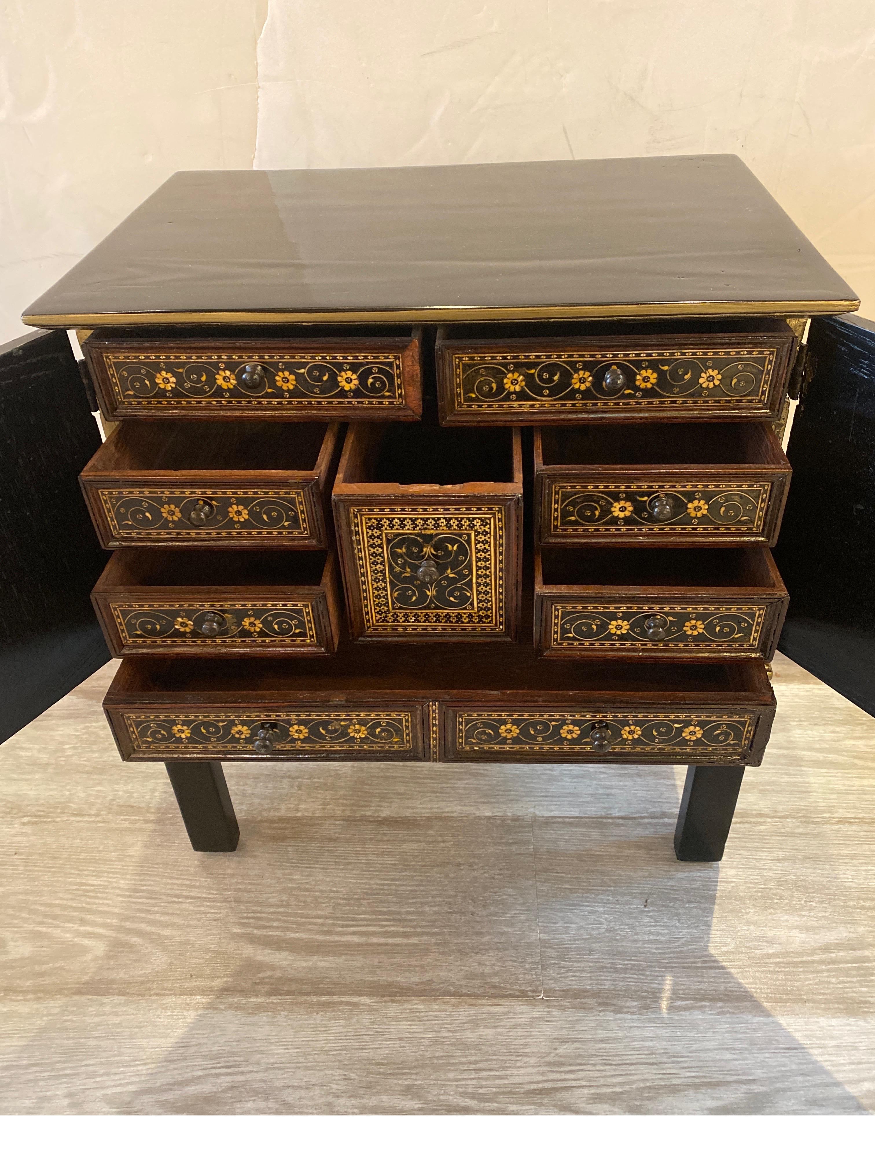 Inlay Diminutive Anglo-Indian Black and Gold Lacquered Spice Cabinet