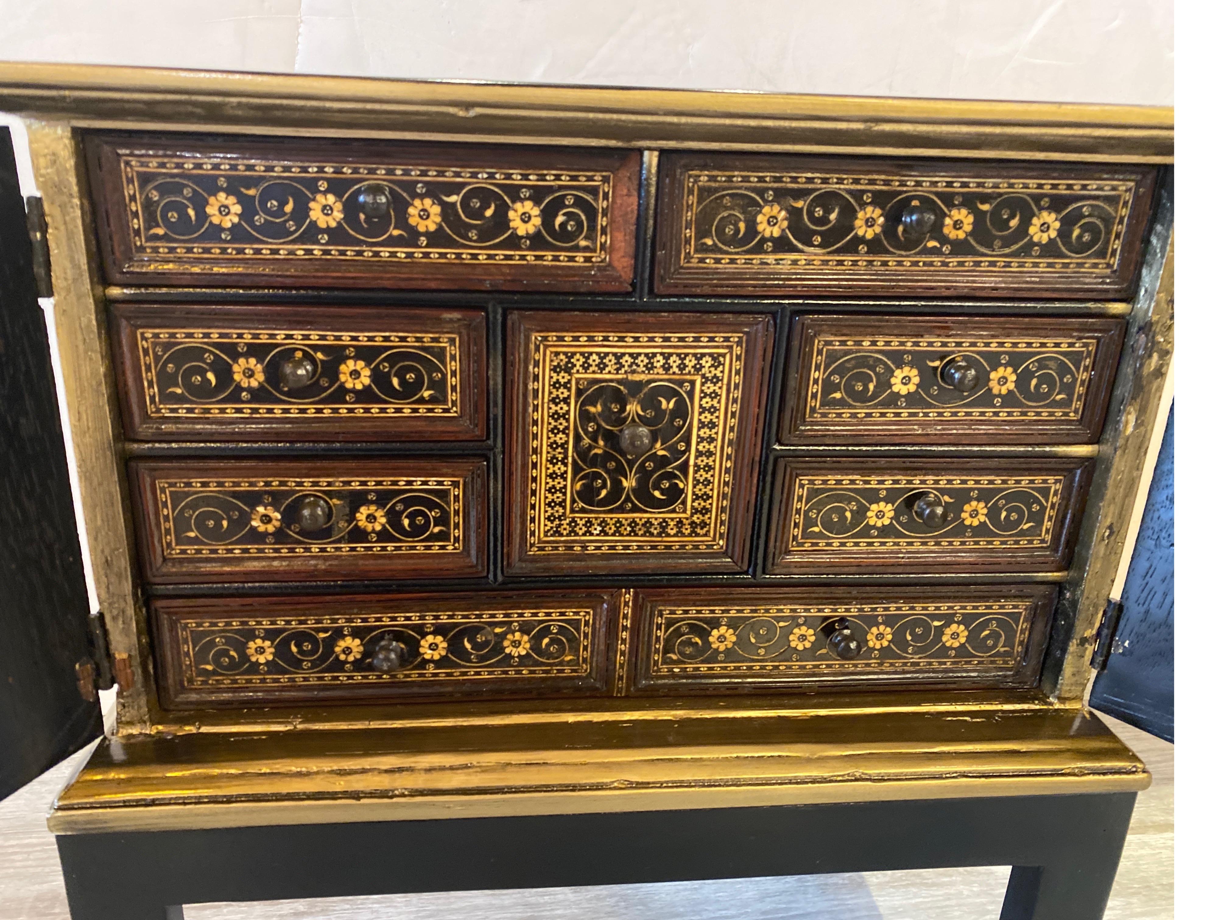 Hardwood Diminutive Anglo-Indian Black and Gold Lacquered Spice Cabinet For Sale