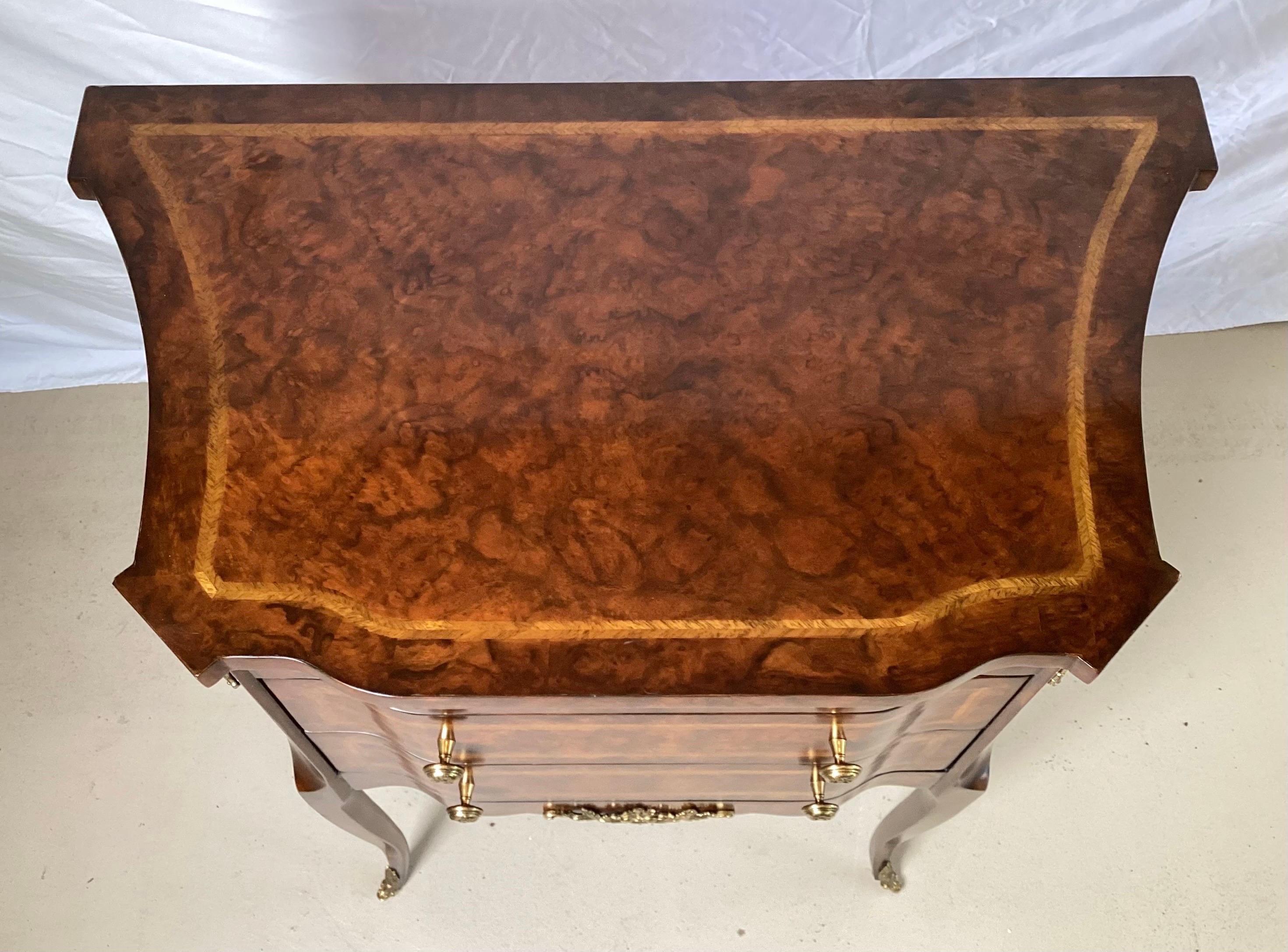 Unknown Diminutive Burl Walnut and Satinwood Two Drawer Commode by Maitland Smith