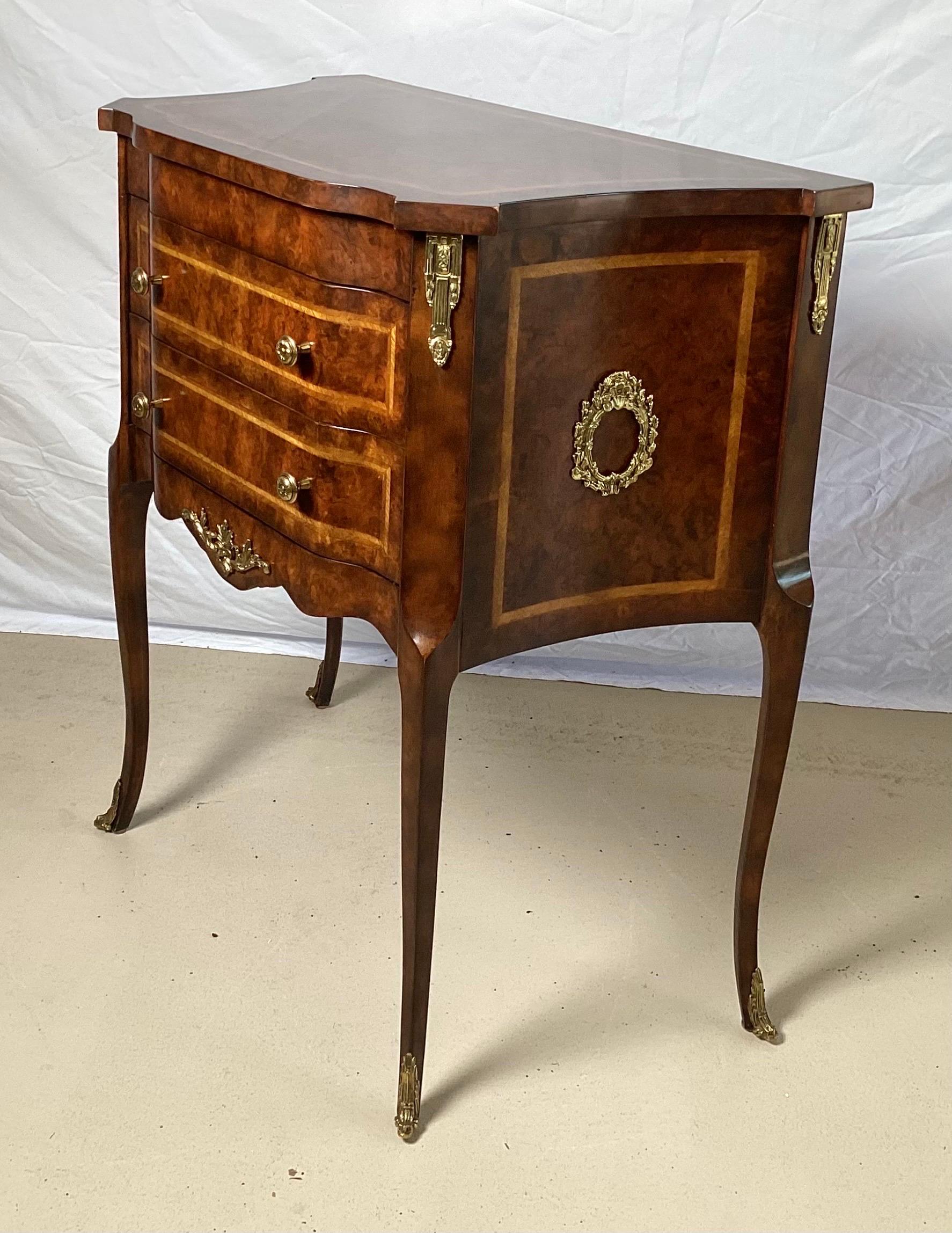 Ormolu Diminutive Burl Walnut and Satinwood Two Drawer Commode by Maitland Smith