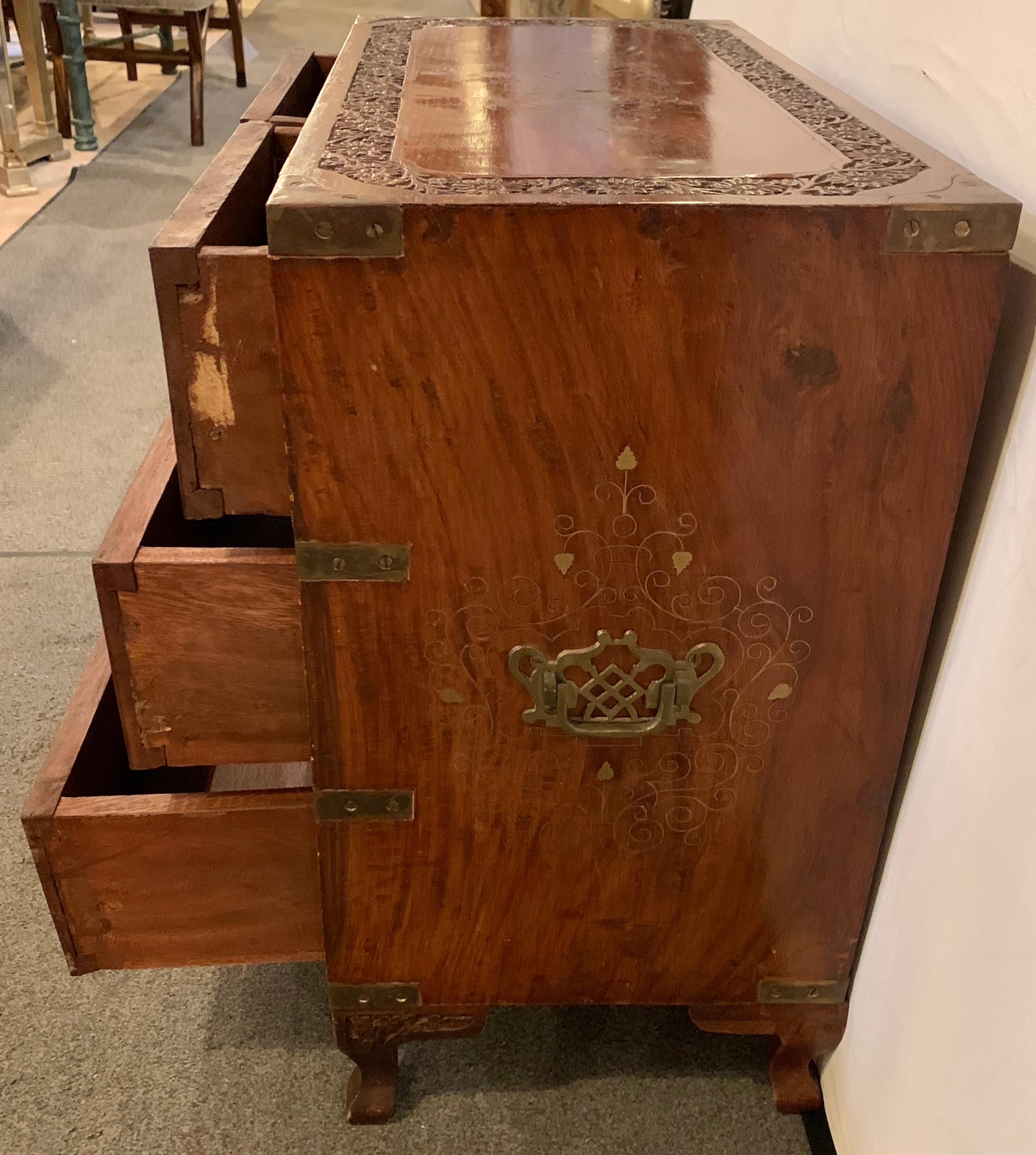 Diminutive Campaign Chest or Trunk Having Drawers and Brass-Boule Inlays 9