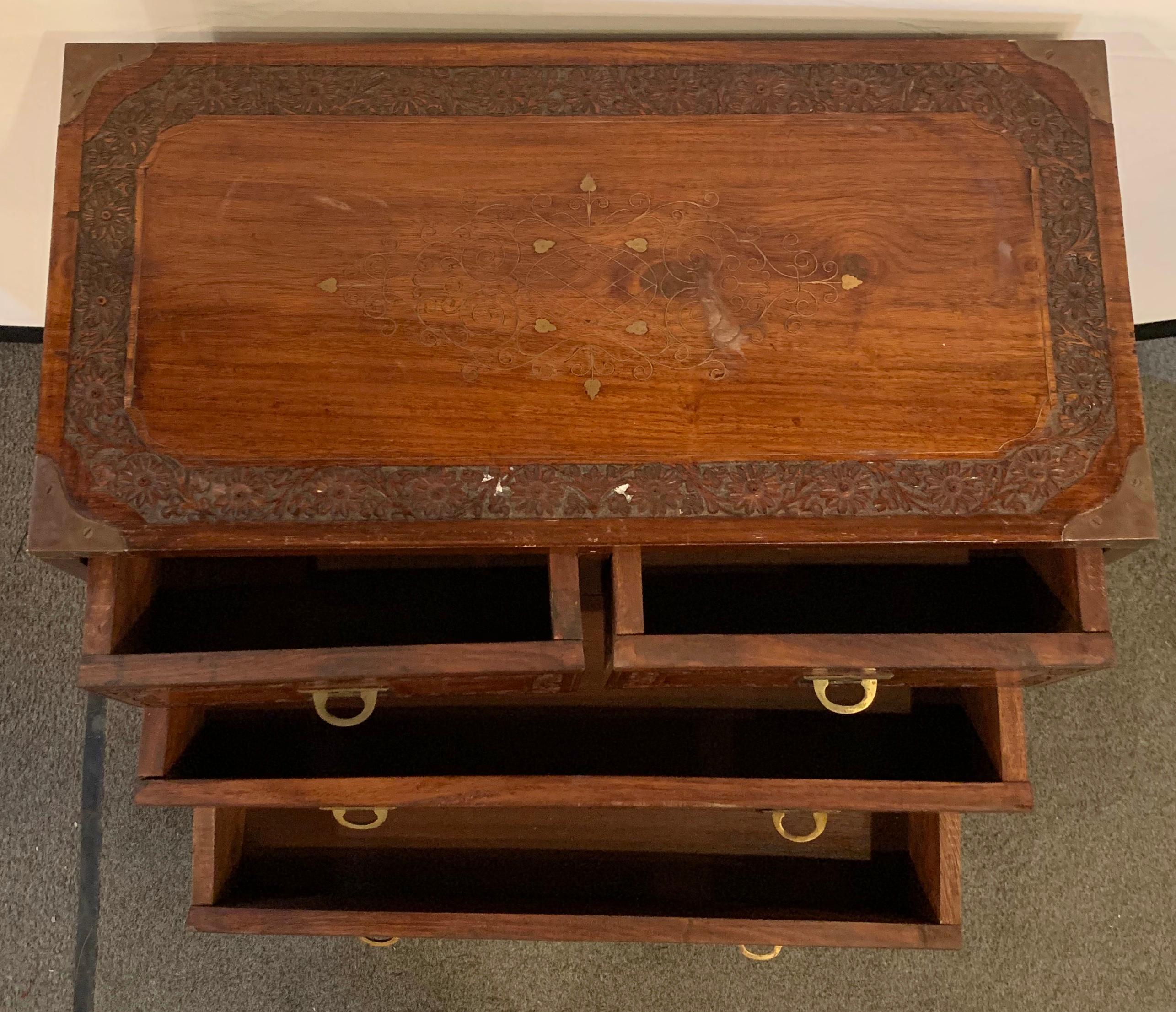 Diminutive Campaign Chest or Trunk Having Drawers and Brass-Boule Inlays 10