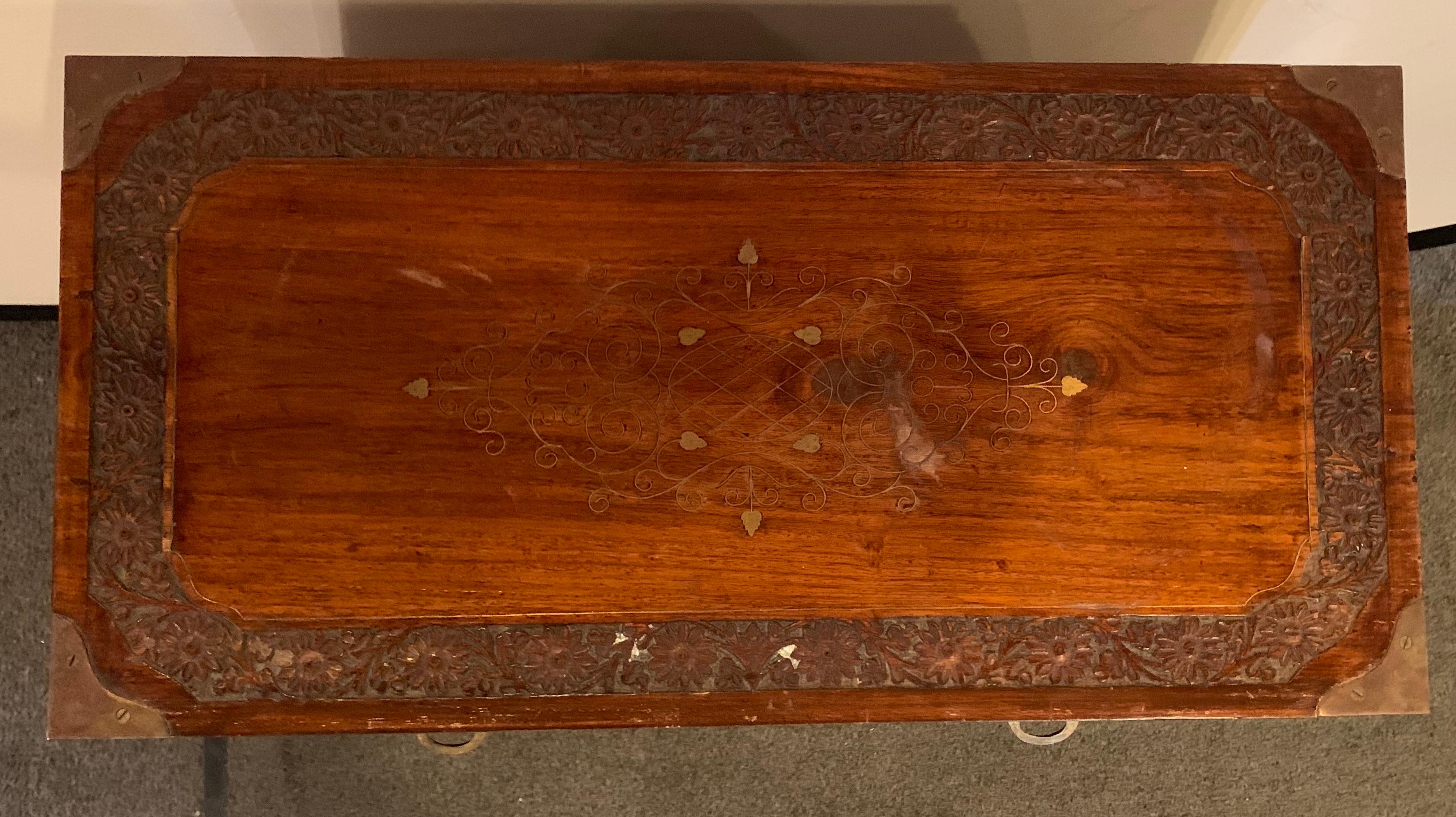 Diminutive Campaign Chest or Trunk Having Drawers and Brass-Boule Inlays In Good Condition In Plainview, NY