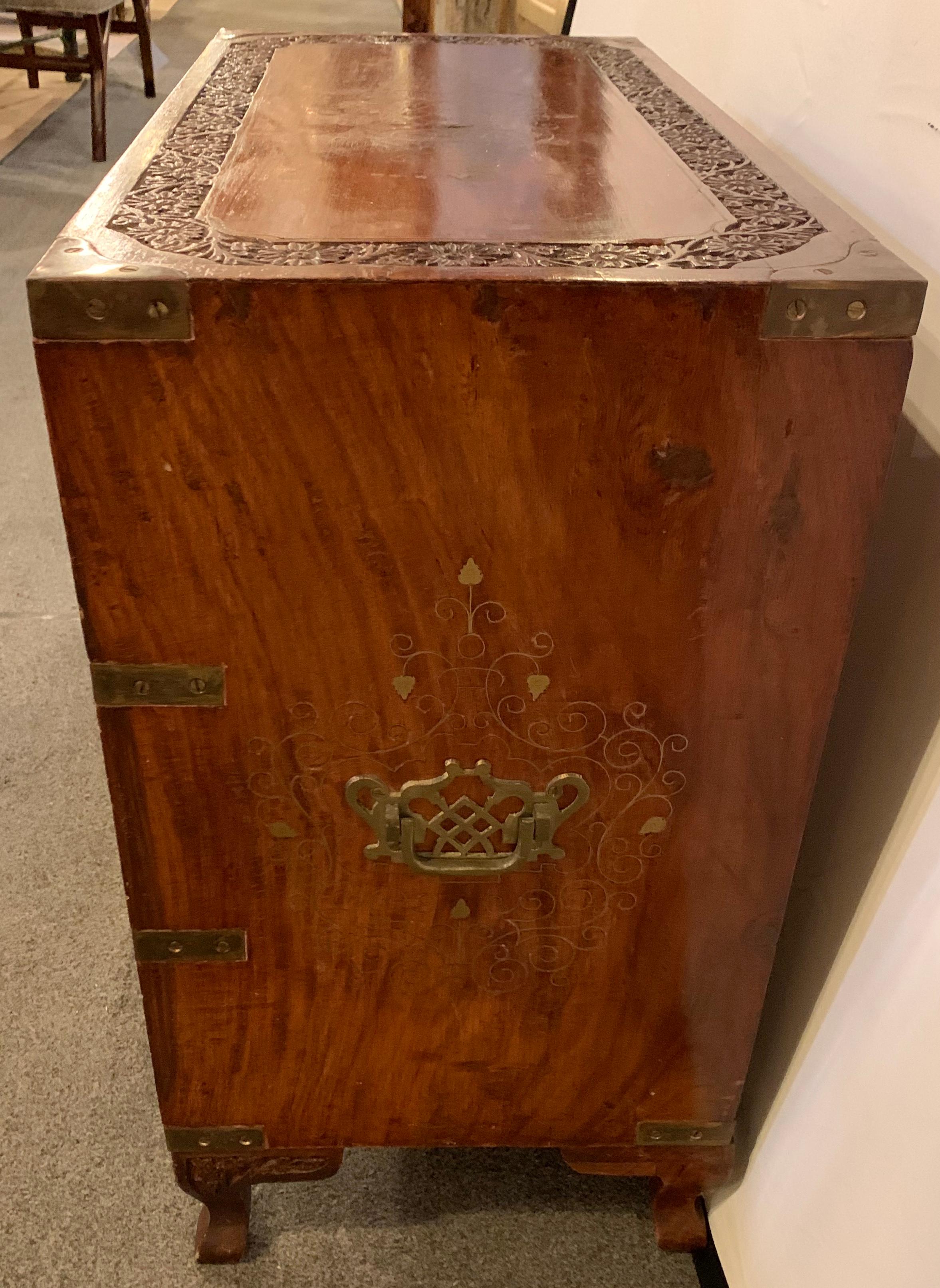20th Century Diminutive Campaign Chest or Trunk Having Drawers and Brass-Boule Inlays