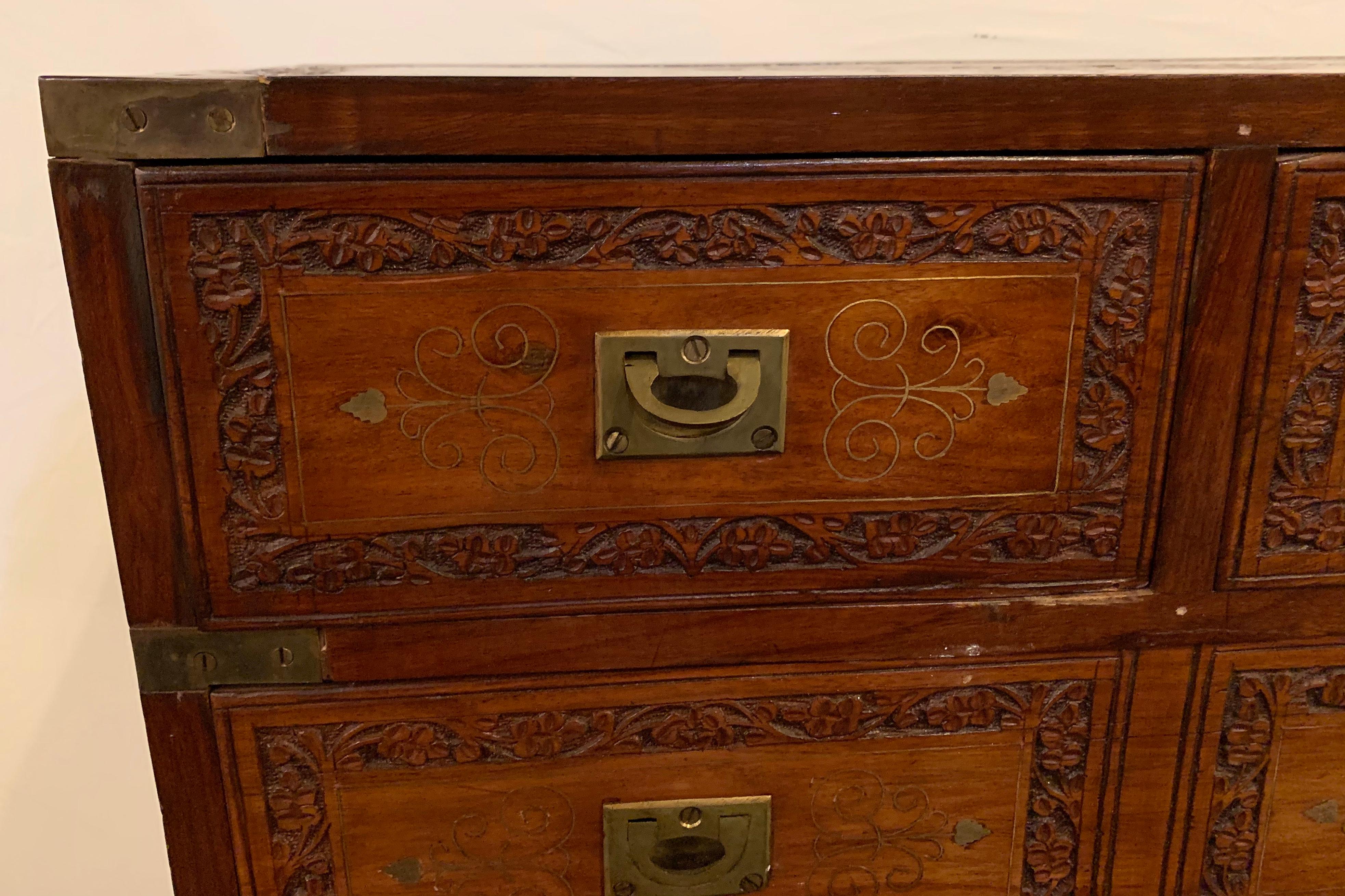 Diminutive Campaign Chest or Trunk Having Drawers and Brass-Boule Inlays 3