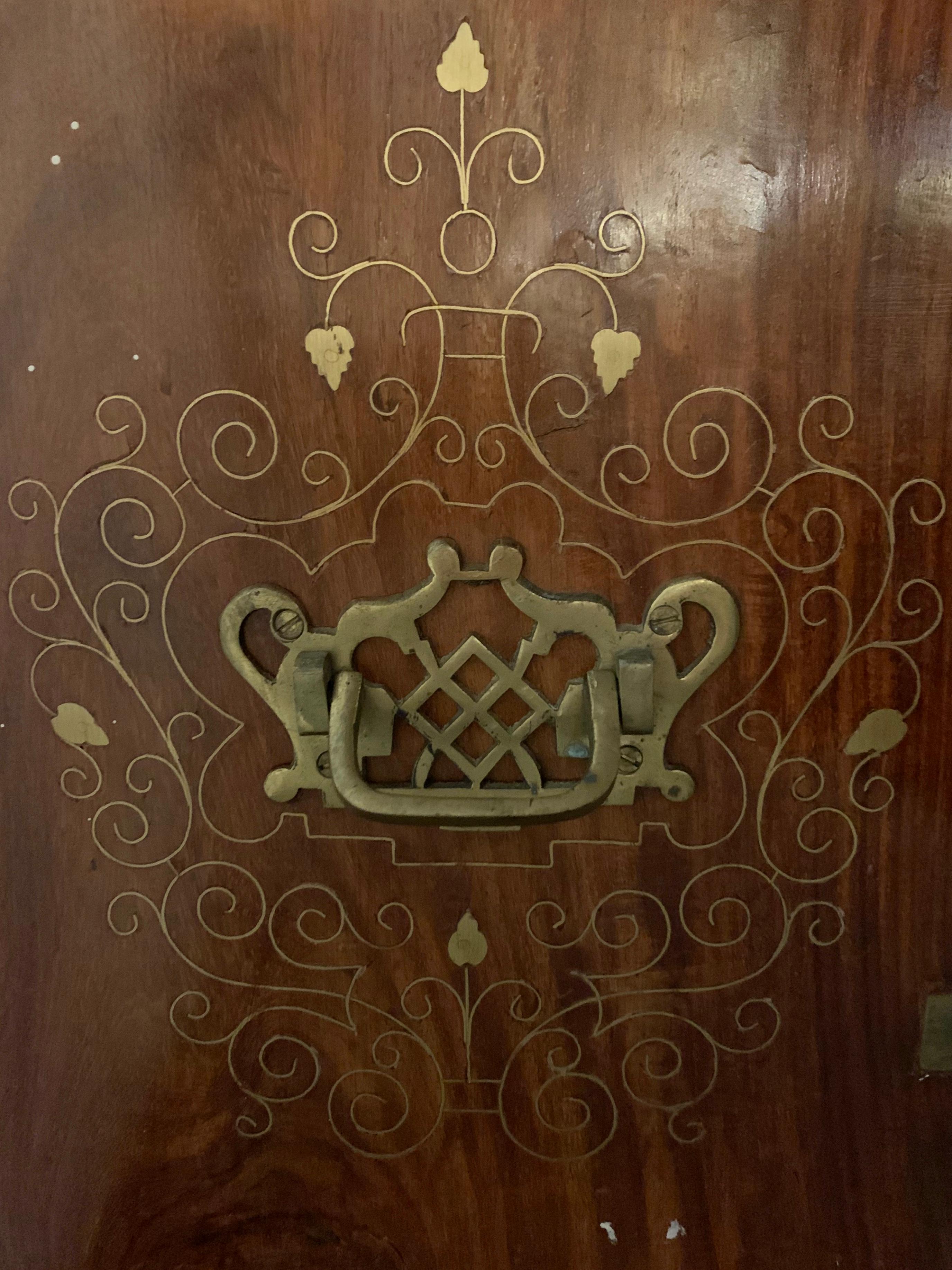 Diminutive Campaign Chest or Trunk Having Drawers and Brass-Boule Inlays 5