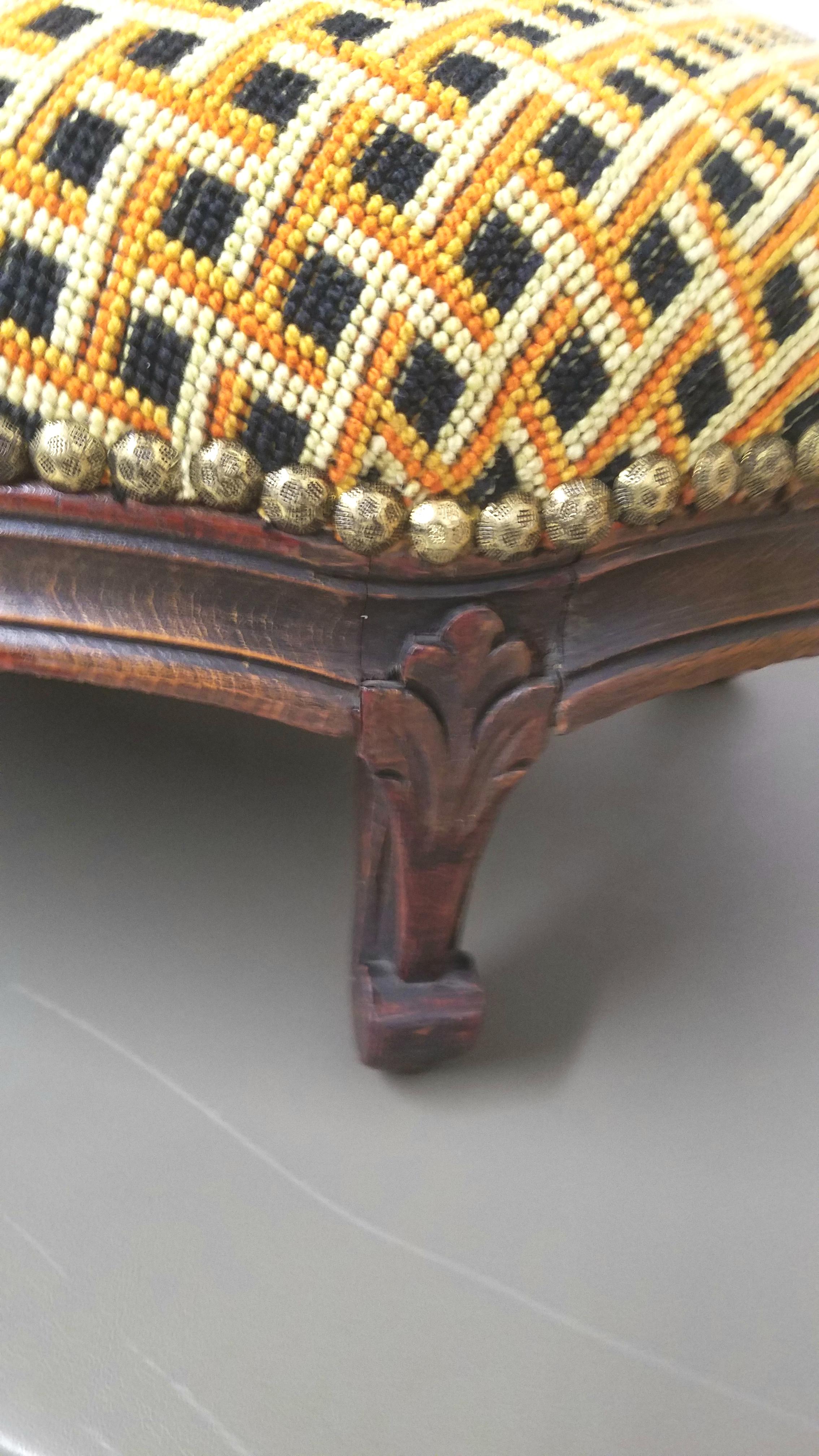 Hand-Carved Oval French Hand Carved Walnut Stool