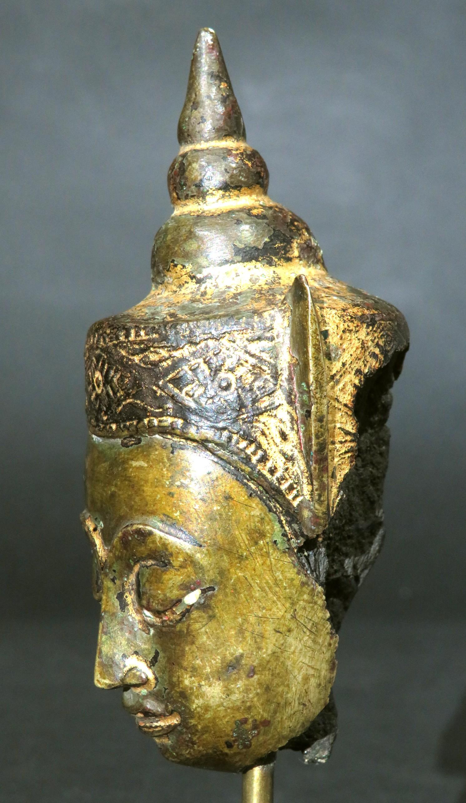 Other A Diminutive Gilt Copper Alloy Head of a Crowned Buddha, Ayutthaya Period For Sale