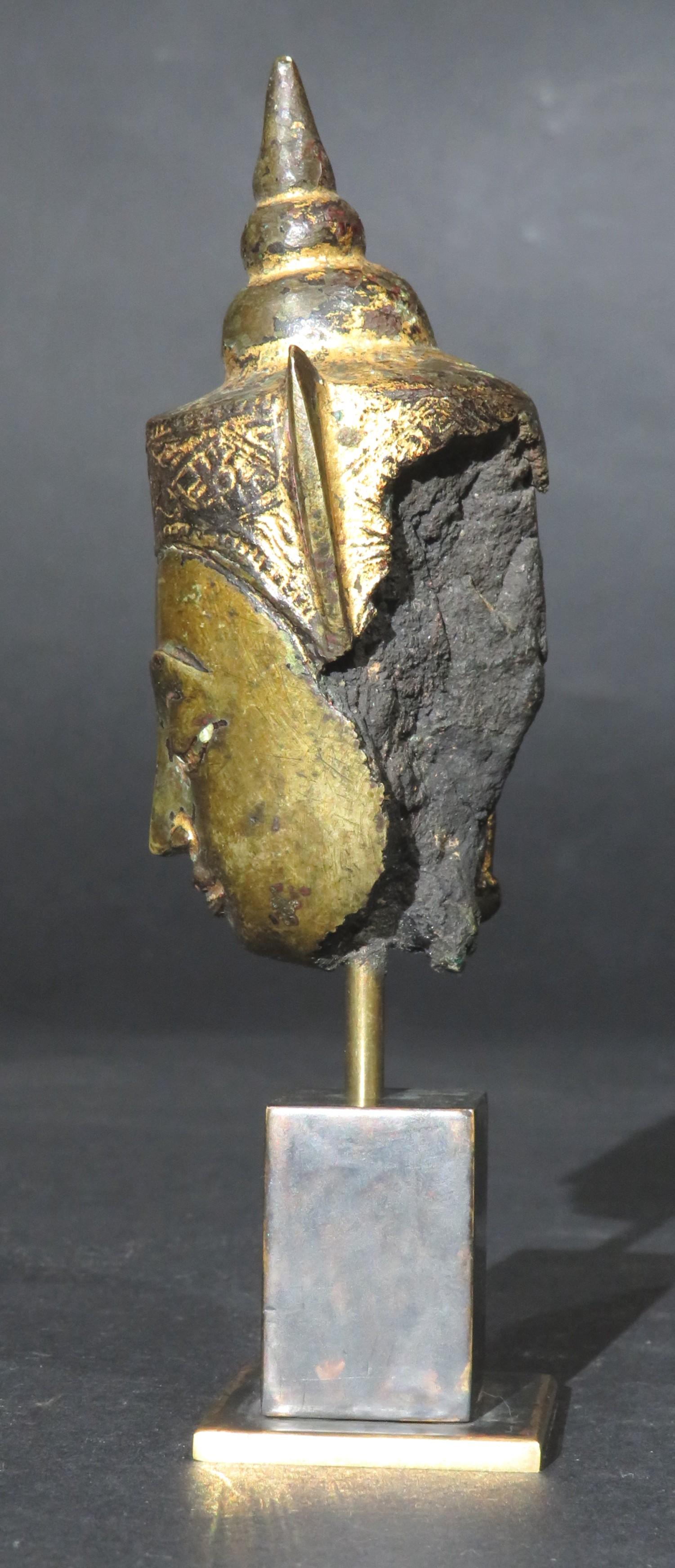 Thai A Diminutive Gilt Copper Alloy Head of a Crowned Buddha, Ayutthaya Period For Sale