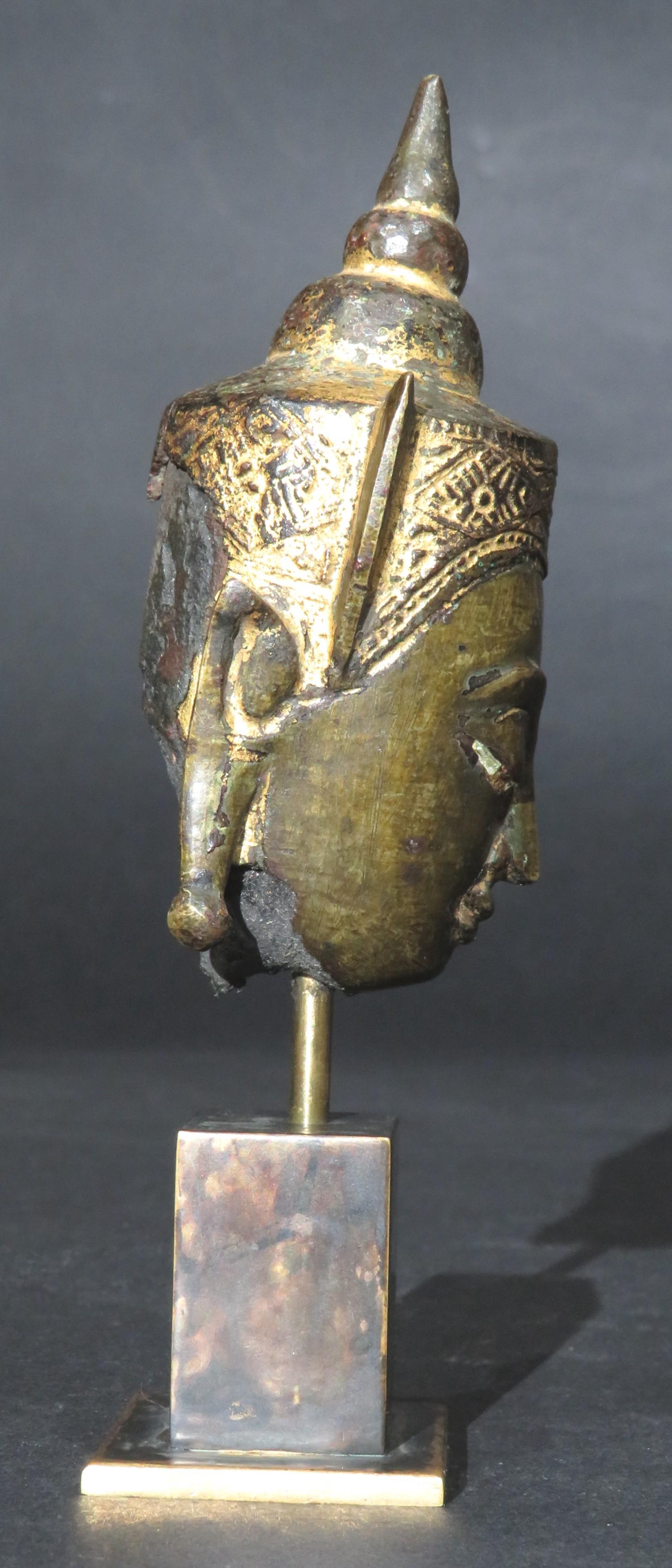 Bronze A Diminutive Gilt Copper Alloy Head of a Crowned Buddha, Ayutthaya Period For Sale