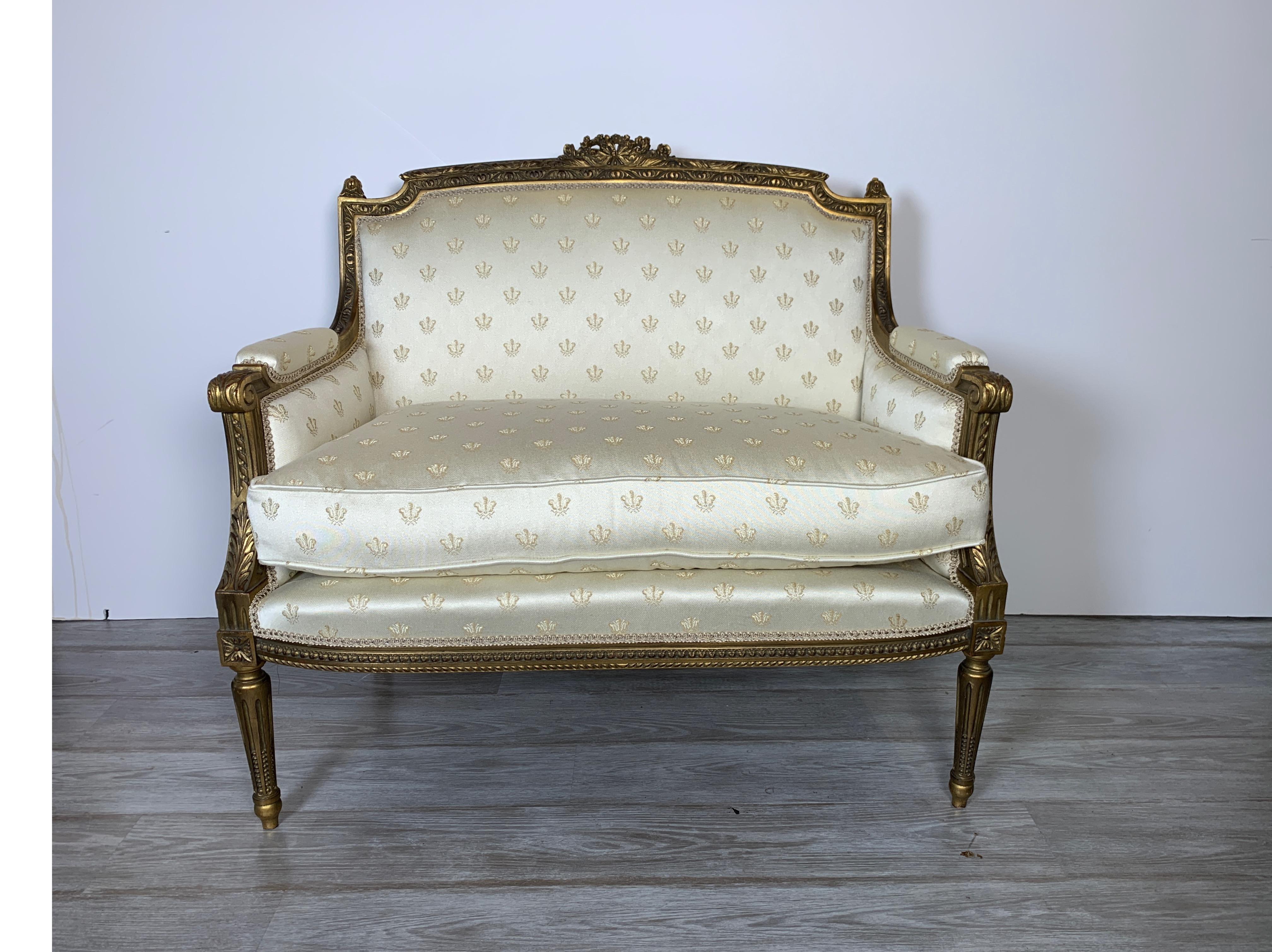 Diminutive Louis XVI Style Giltwood Settee In Excellent Condition In Lambertville, NJ