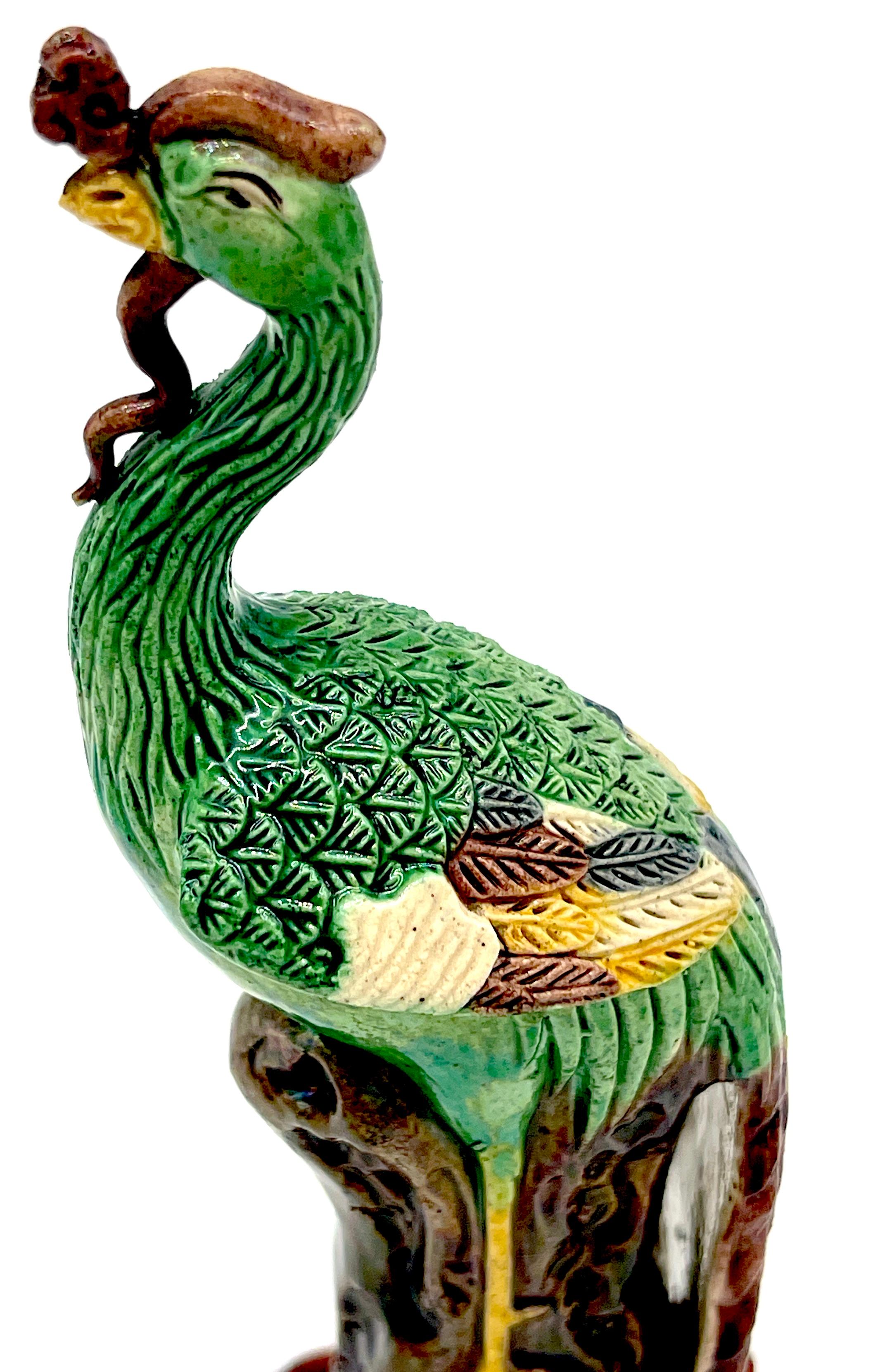 A Diminutive Pair of Chinese Sancai Glazed Phoenix Birds, on Hardwood Stands  For Sale 3