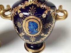 A Diminutive Pair of Cobalt and Gilt Porcelain Neoclassical Cabinet Vases