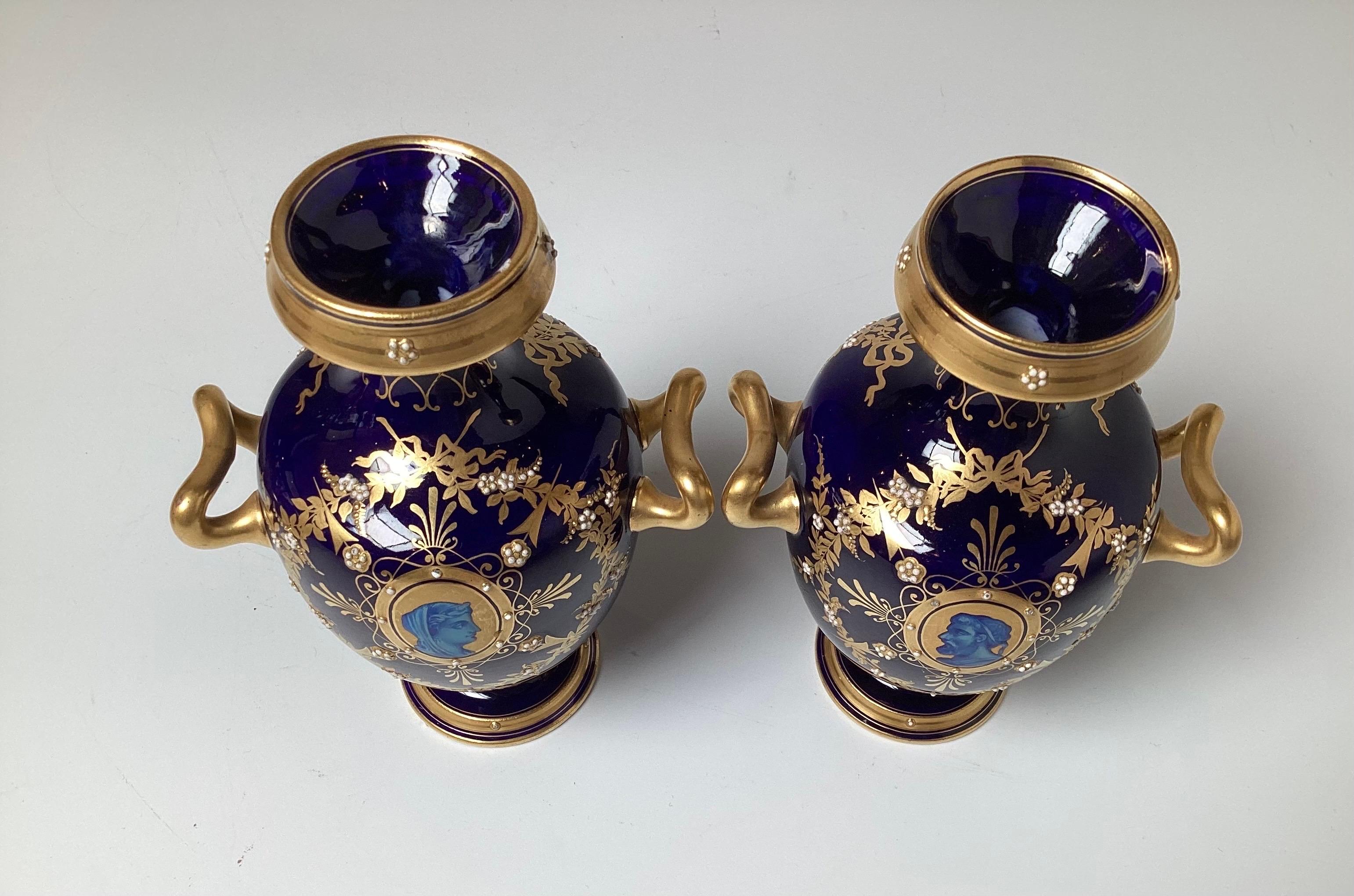 English A Diminutive Pair of Cobalt and Gilt Porcelain Neoclassical Cabinet Vases For Sale