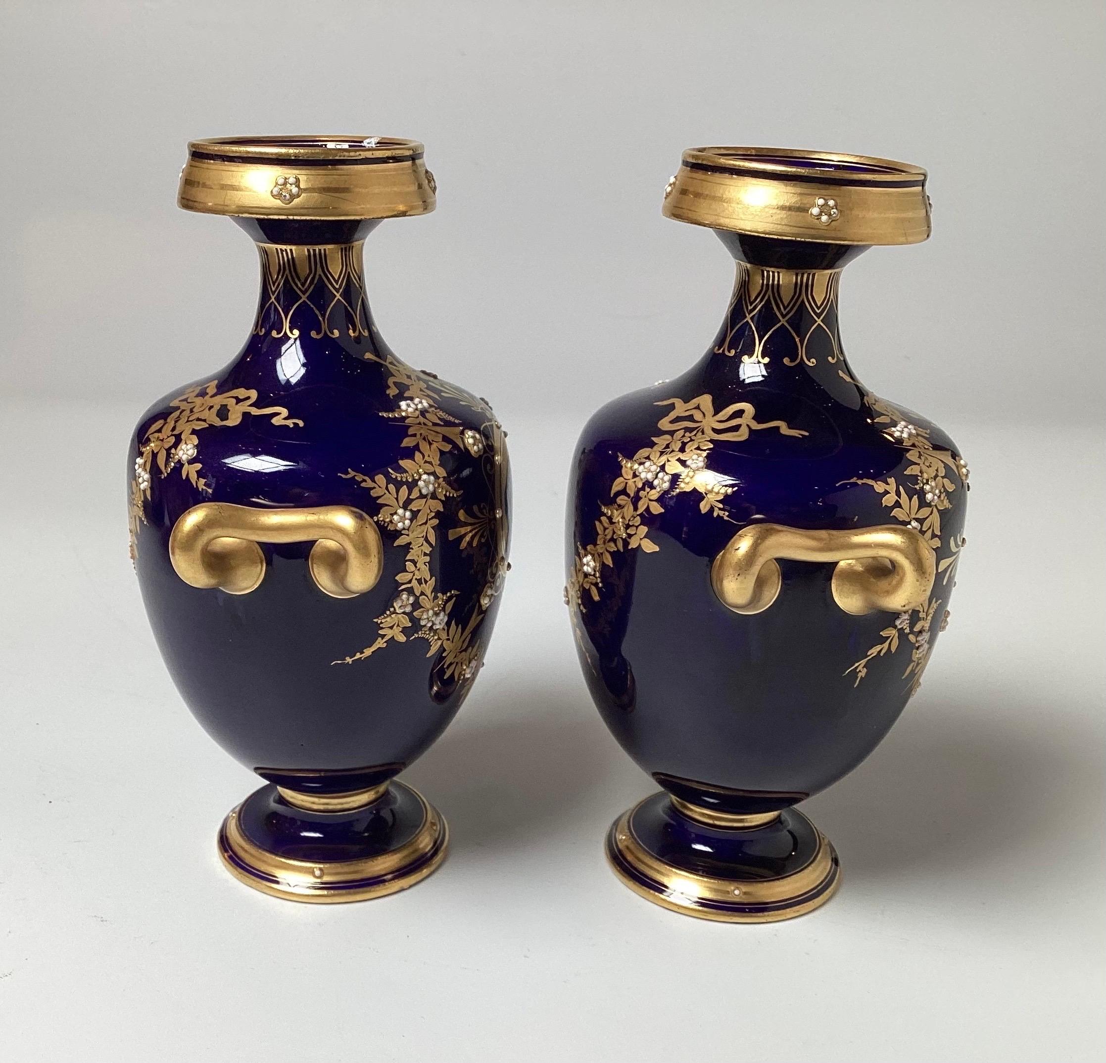 Hand-Painted A Diminutive Pair of Cobalt and Gilt Porcelain Neoclassical Cabinet Vases For Sale
