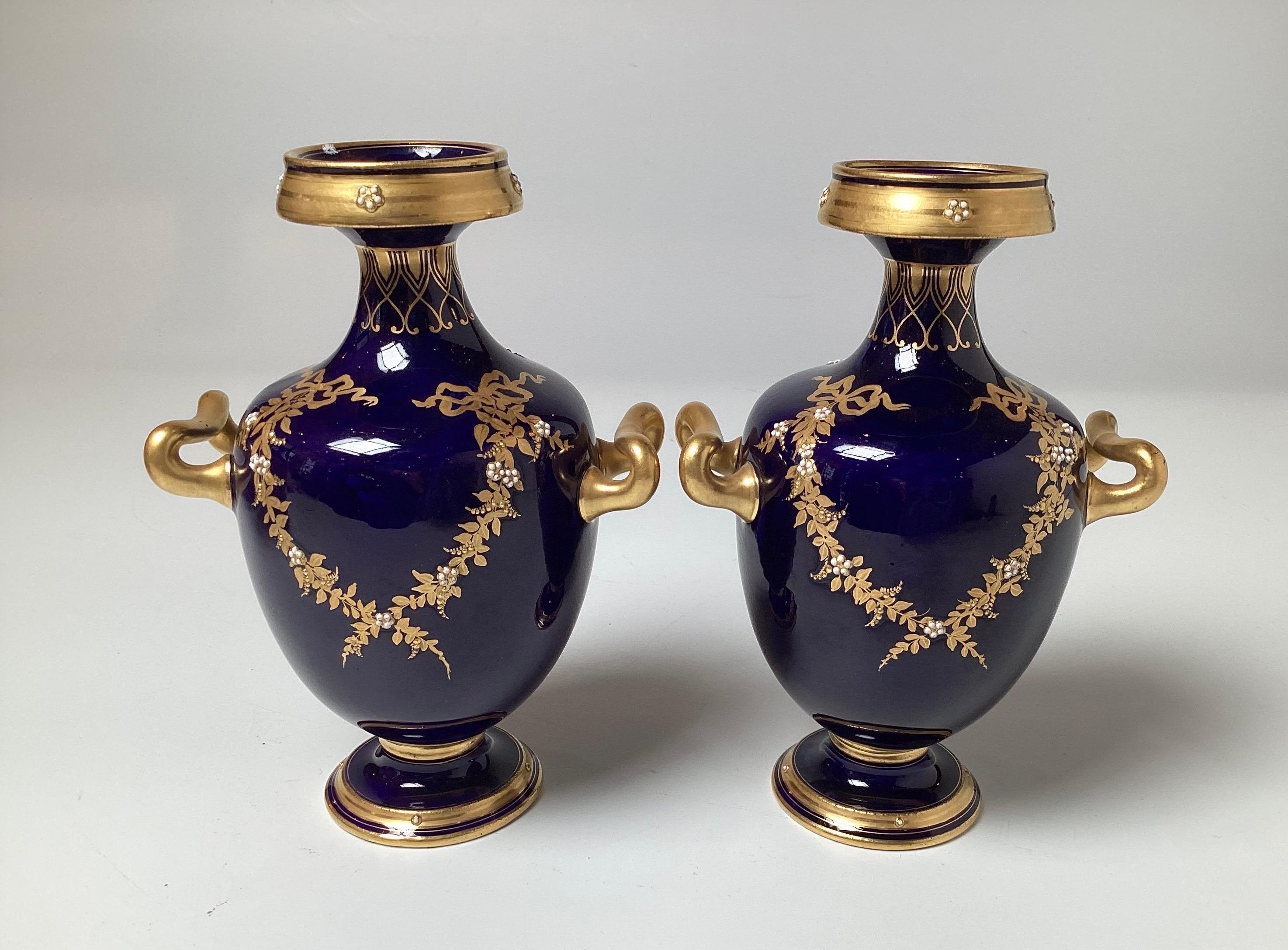 A Diminutive Pair of Cobalt and Gilt Porcelain Neoclassical Cabinet Vases In Excellent Condition For Sale In Lambertville, NJ