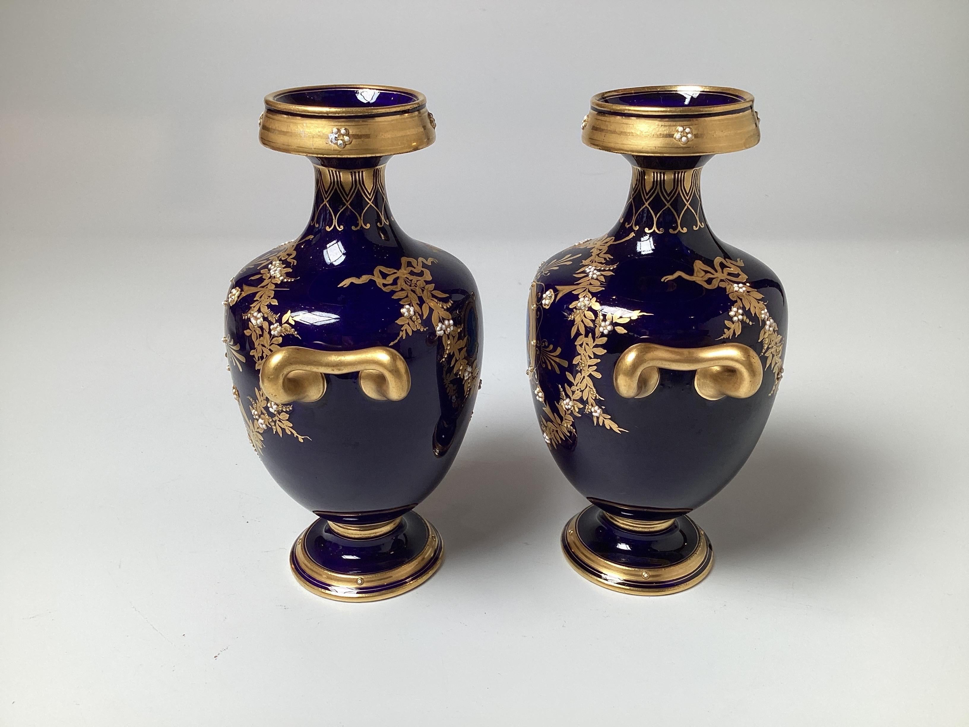 19th Century A Diminutive Pair of Cobalt and Gilt Porcelain Neoclassical Cabinet Vases For Sale