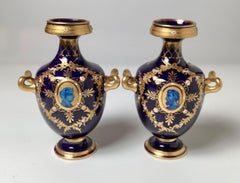 A Diminutive Pair of Cobalt and Gilt Porcelain Neoclassical Cabinet Vases