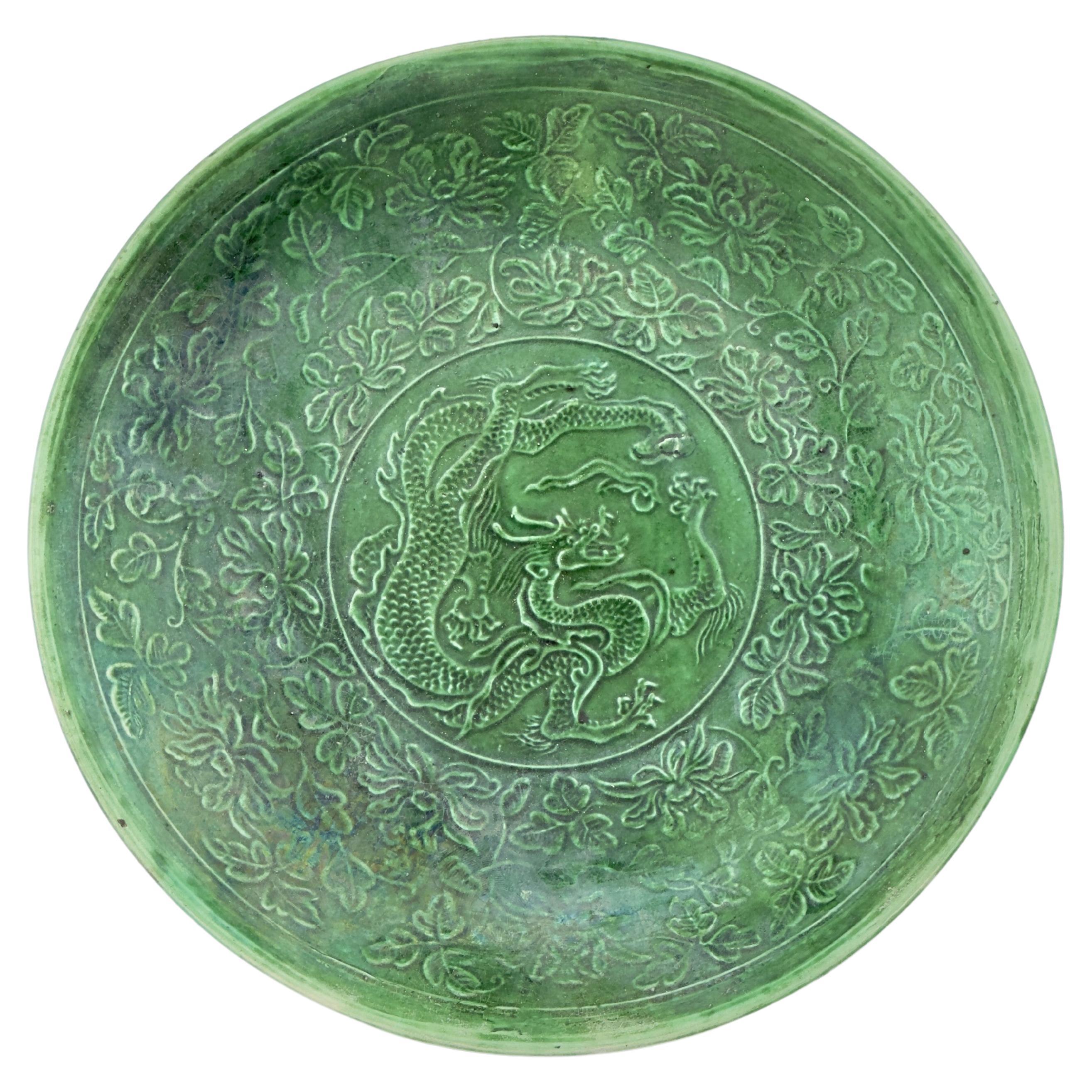 A Rare Dingyao Green-Glazed Dragon Dish, Northern Song Dynasty For Sale