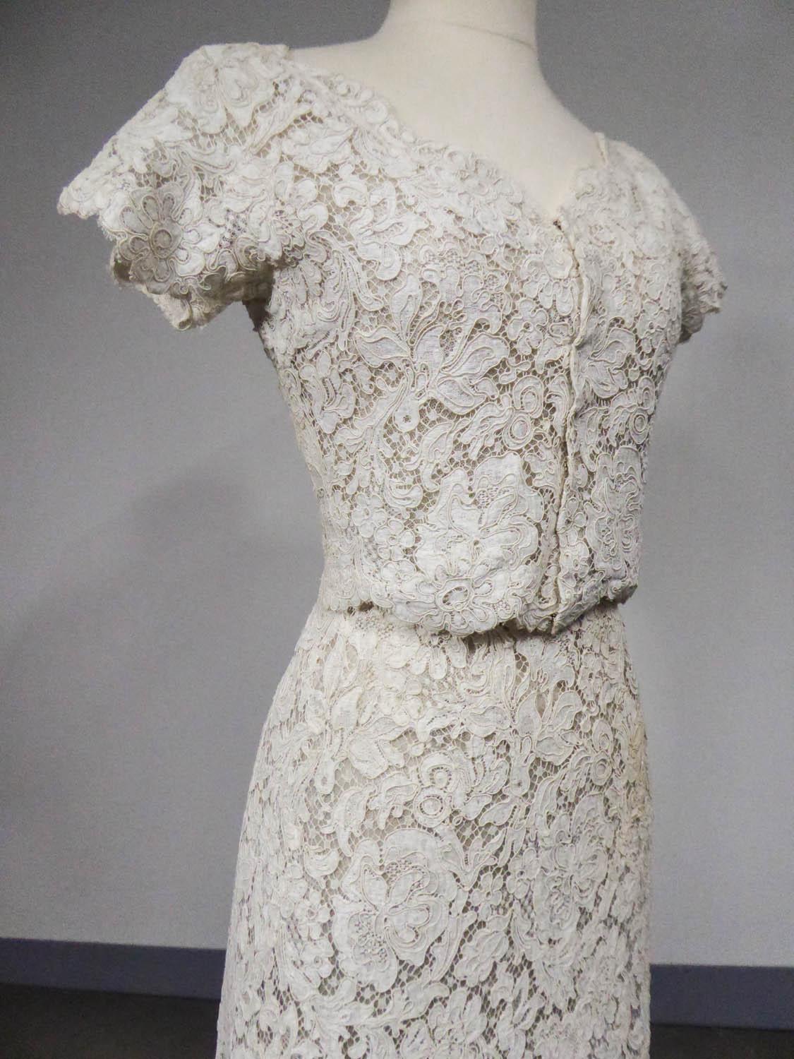 Gray A Dior/ Bohan Couture Cream Lace Dress and Bolero numbered 94445 Circa 1965