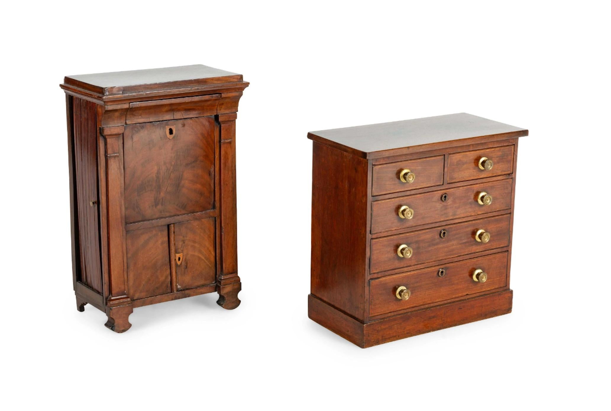 A 19th century Directoire diminutive walnut Secrétaire a' Abattant and a similar diminutive five-drawer chest. Great small drinks table or jewelry chest. Great attention paid to detail. Priced per piece.