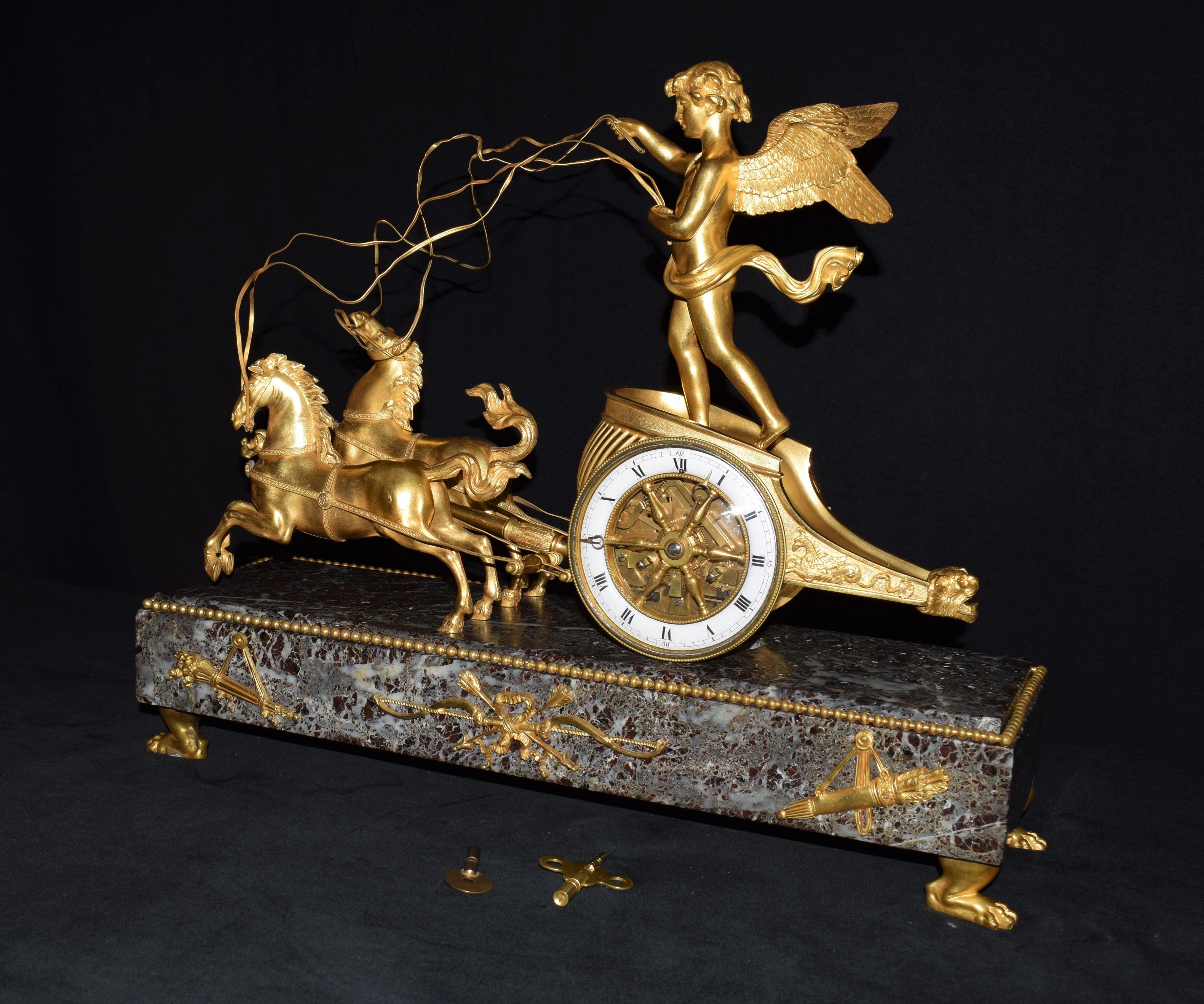 French Directoire Gilt-Bronze Marble Mounted Chariot Clock, Late 19th Century For Sale