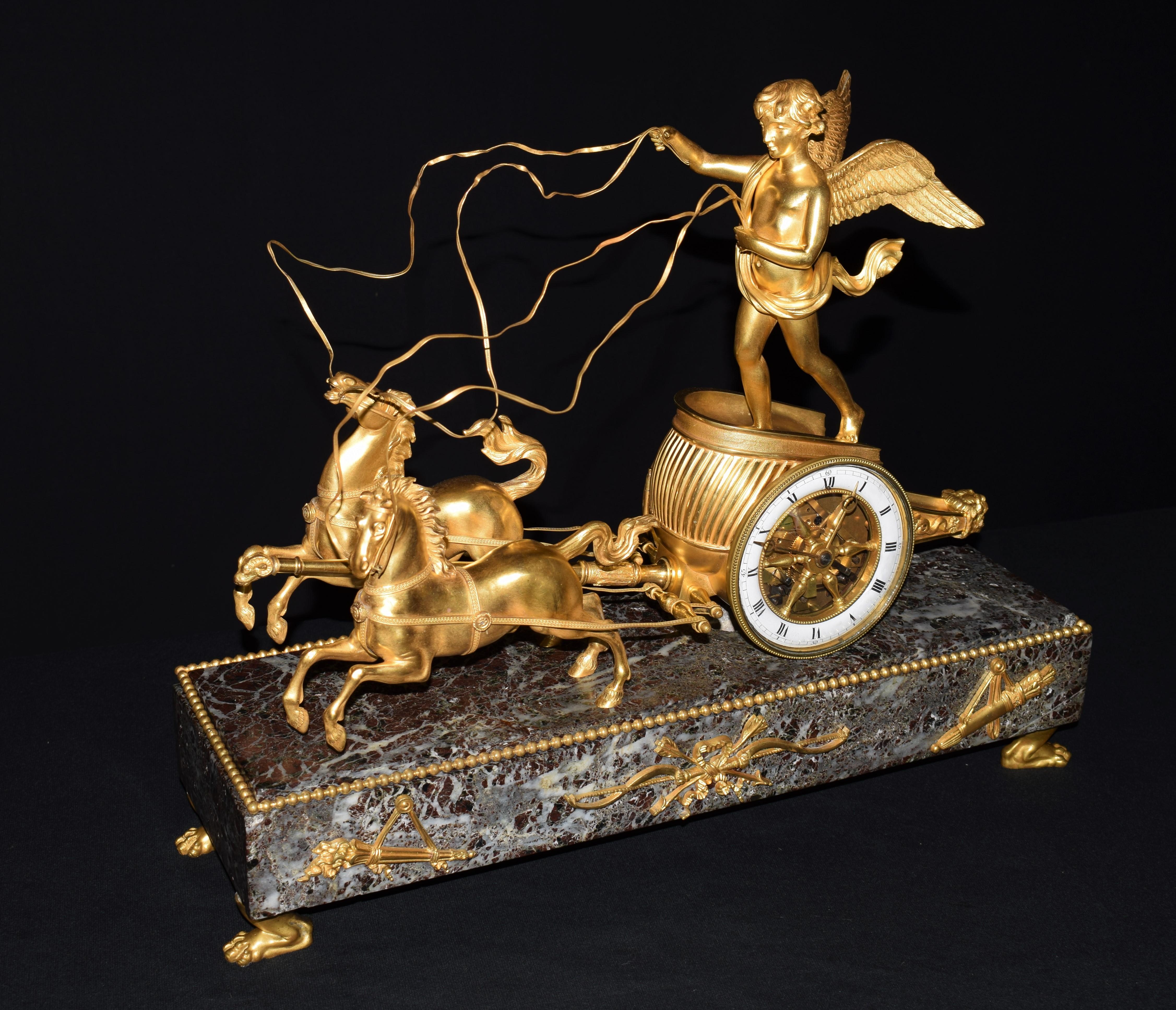 Directoire Gilt-Bronze Marble Mounted Chariot Clock, Late 19th Century For Sale 2