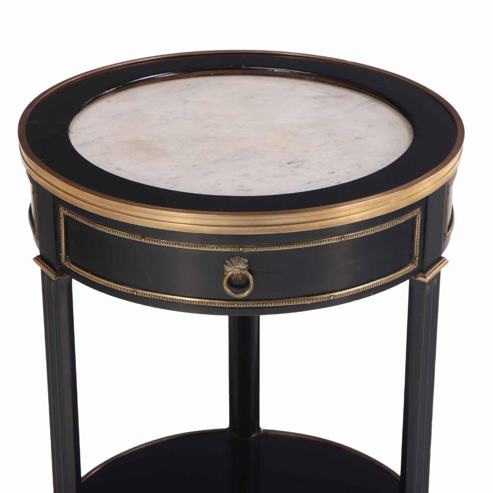 Ebonized A Directoire style ebonized and bronze mounted marble top table, C. 1940. For Sale